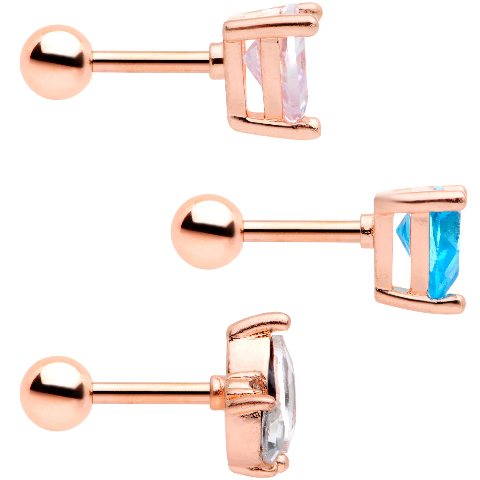 16G 1/4 Blue CZ Gem Rose Gold Tone Cartilage Tragus Set of 3 - Image 3