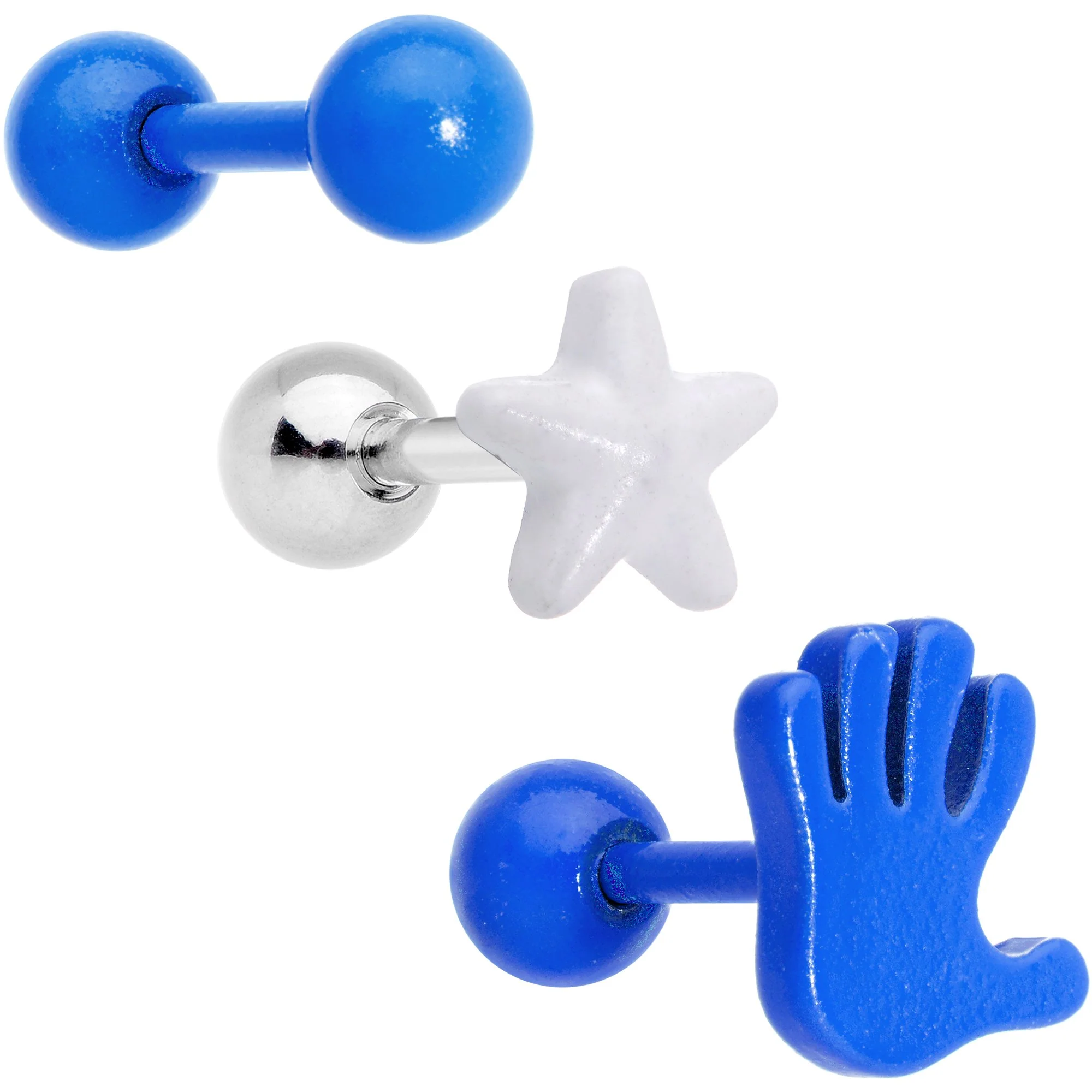 16G 1/4 Blue White Glow Star Hand Cartilage Earring Set of 3 - Image 4