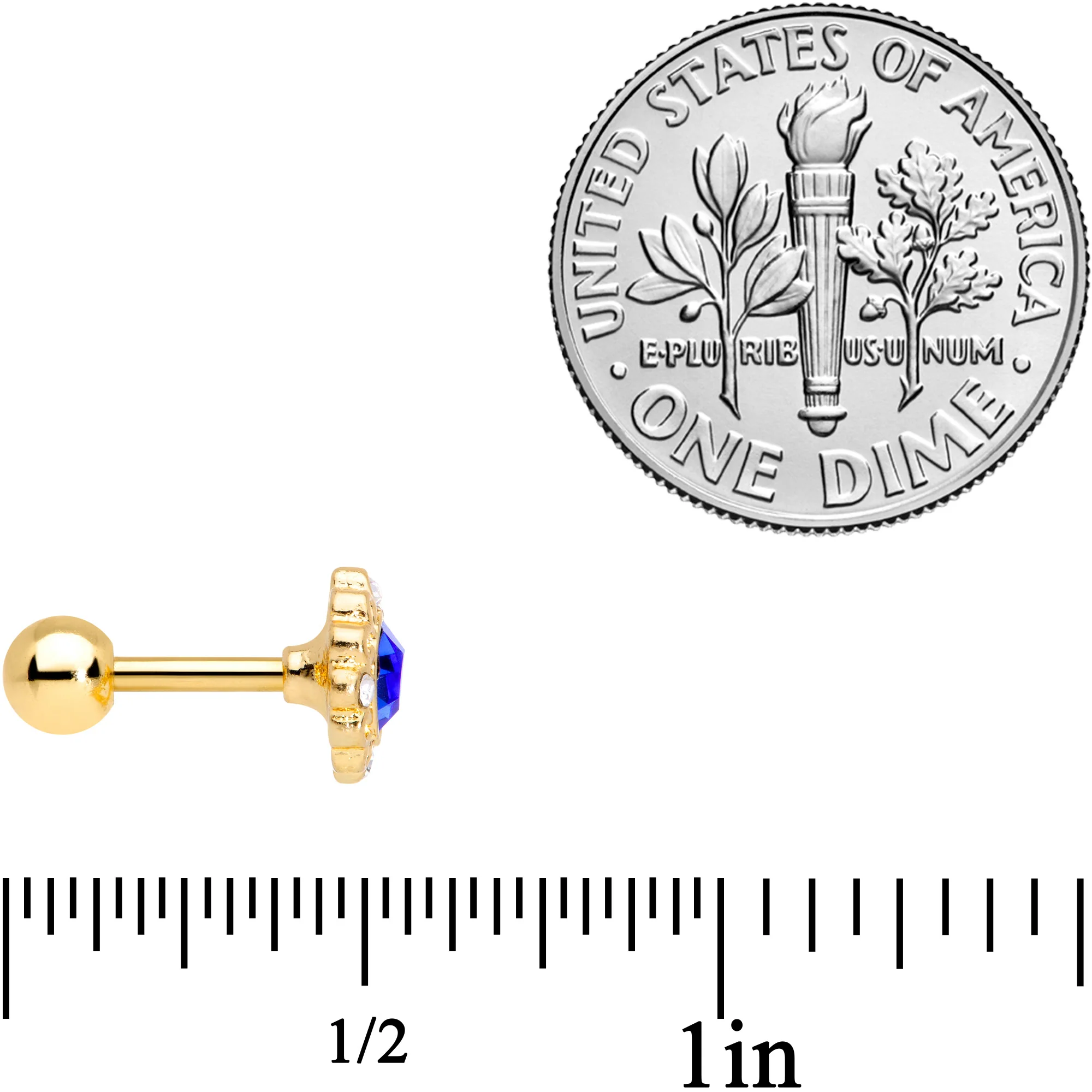 16G 1/4 Clear Blue Gem Gold Tone Empire Cartilage Tragus Earring - Image 4
