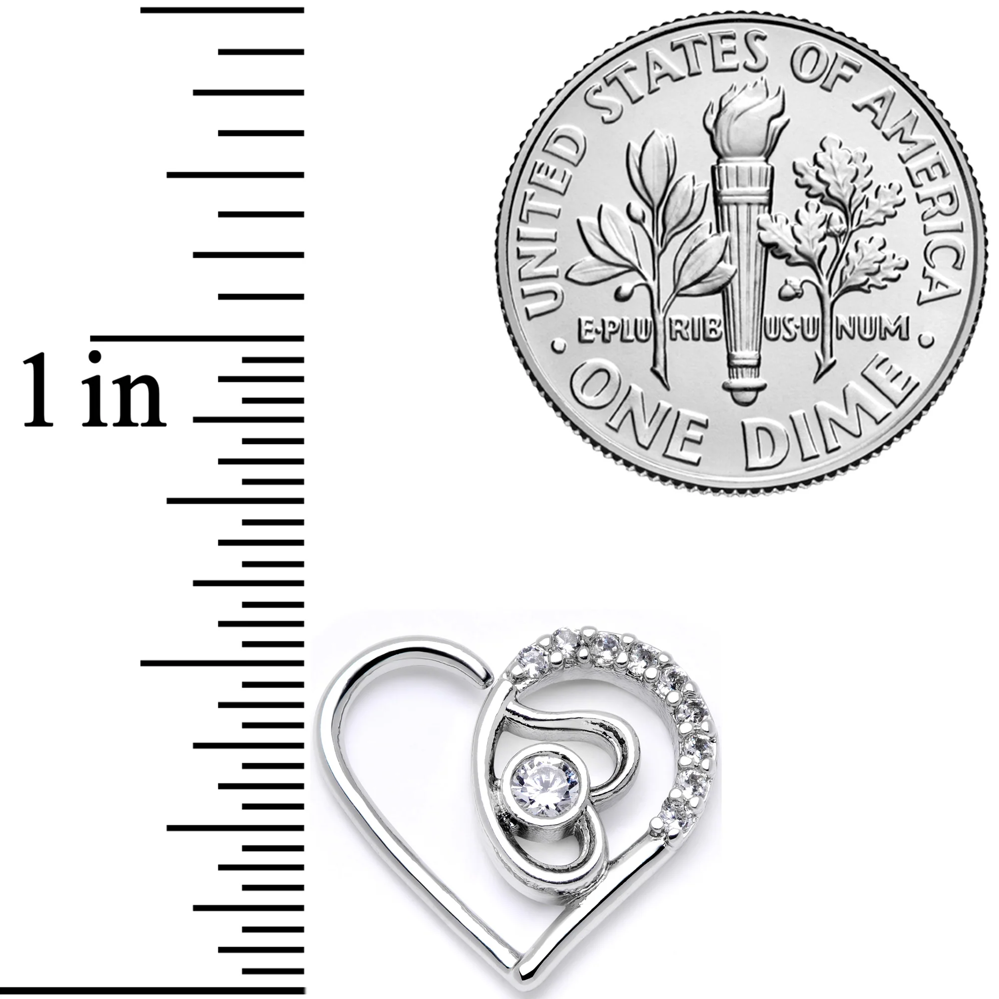 16G 1/4 Clear CZ Gem Double Heart Left Ear Closure Ring - Image 2