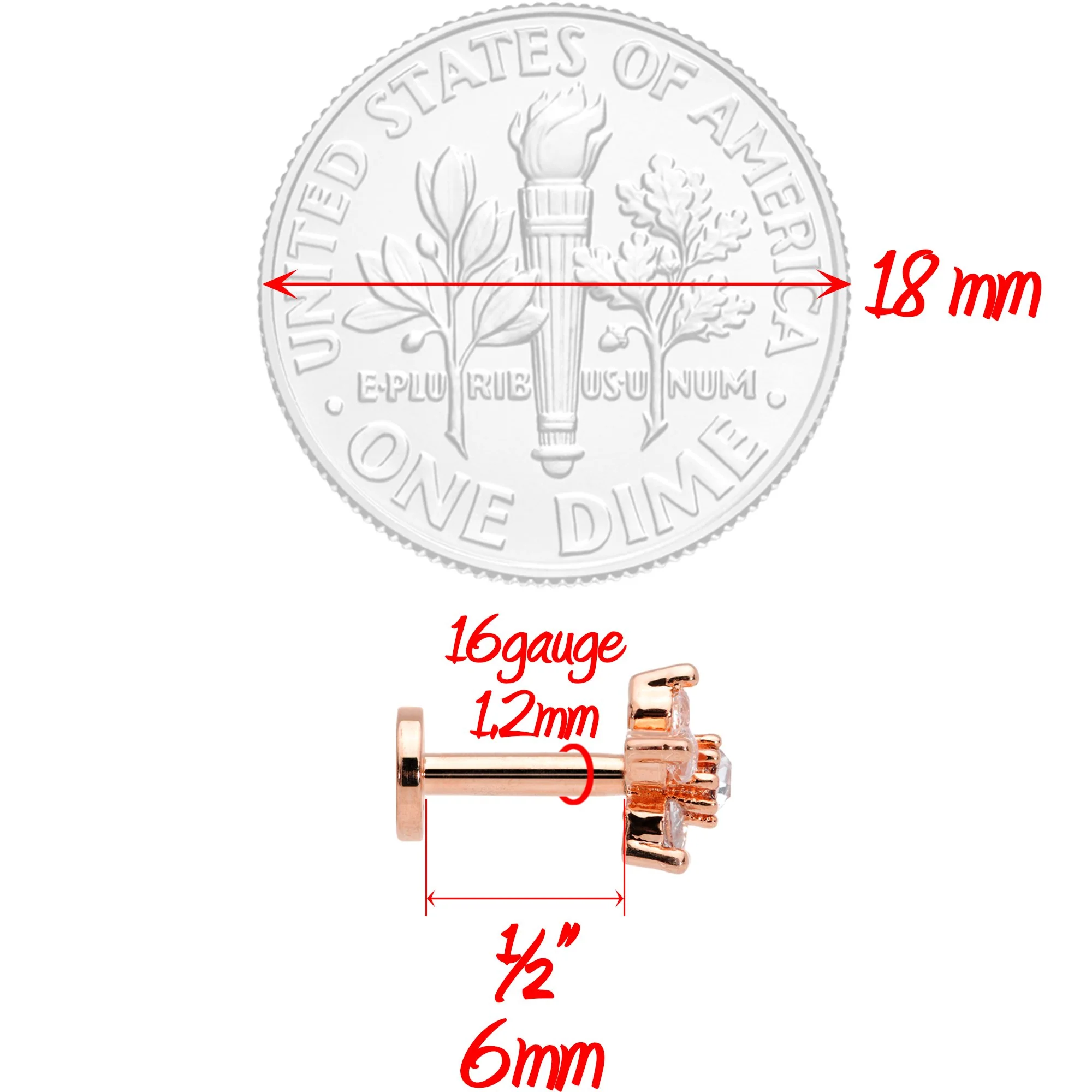 16G 1/4 Clear CZ Star Rose Gold Tone Internally Threaded Labret - Image 3