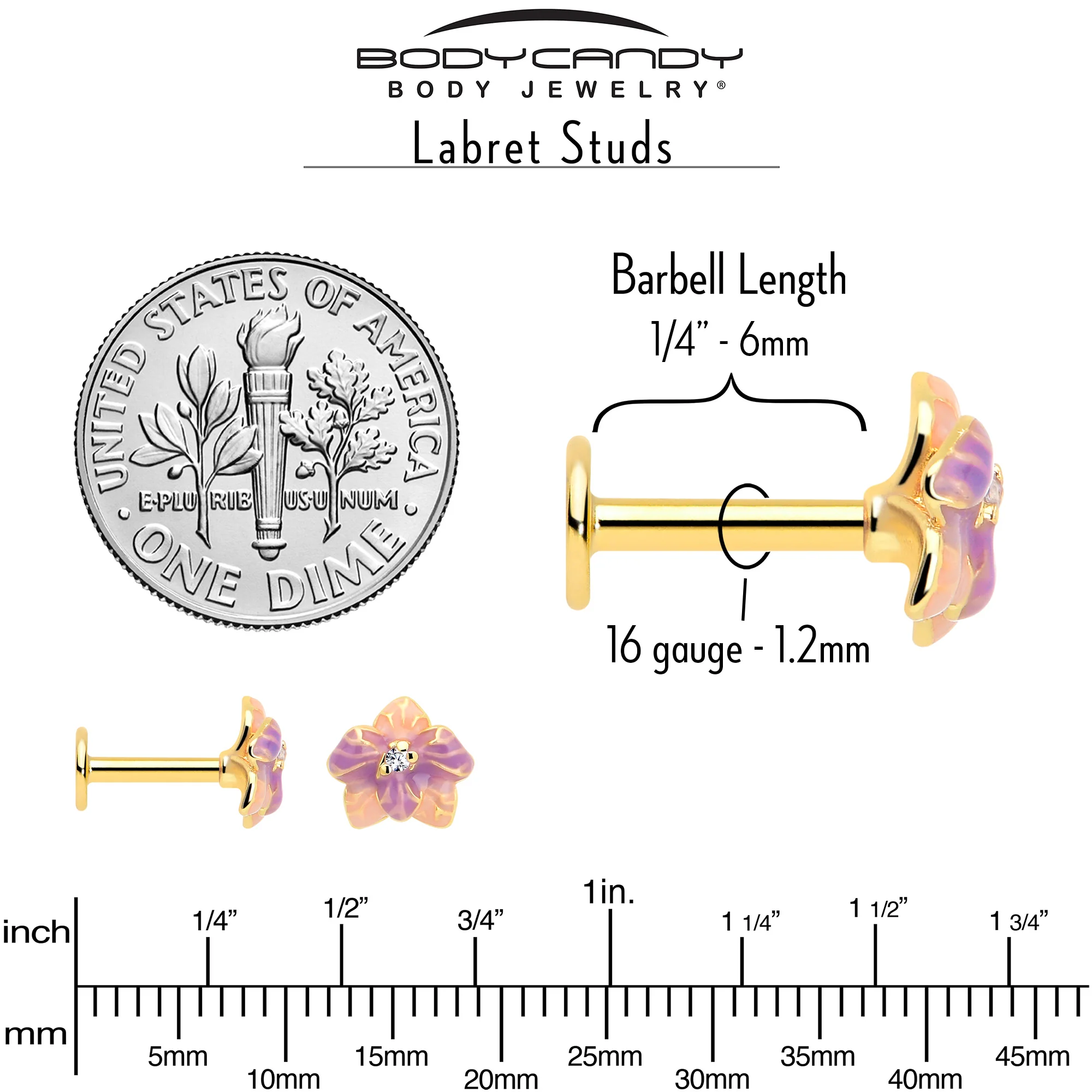 16G 1/4 Clear Gem Gold Tone Pastel Flower Cartilage Labret - Image 4