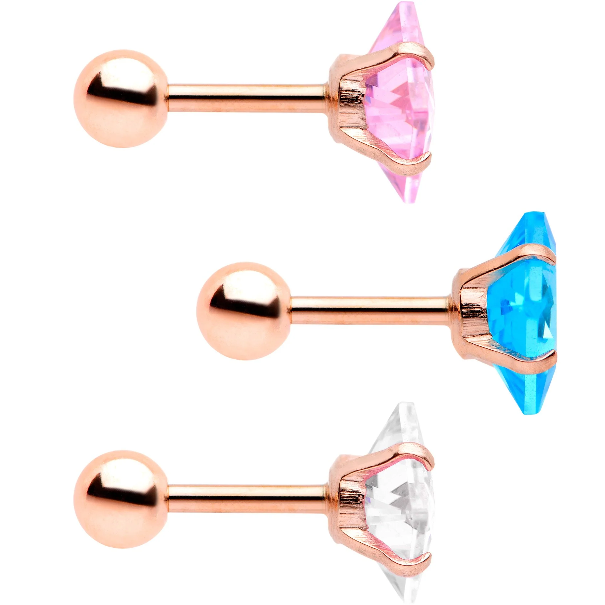 16G 1/4 Color CZ Gem Rose Gold Tone Cartilage Tragus Set of 3 - Image 3