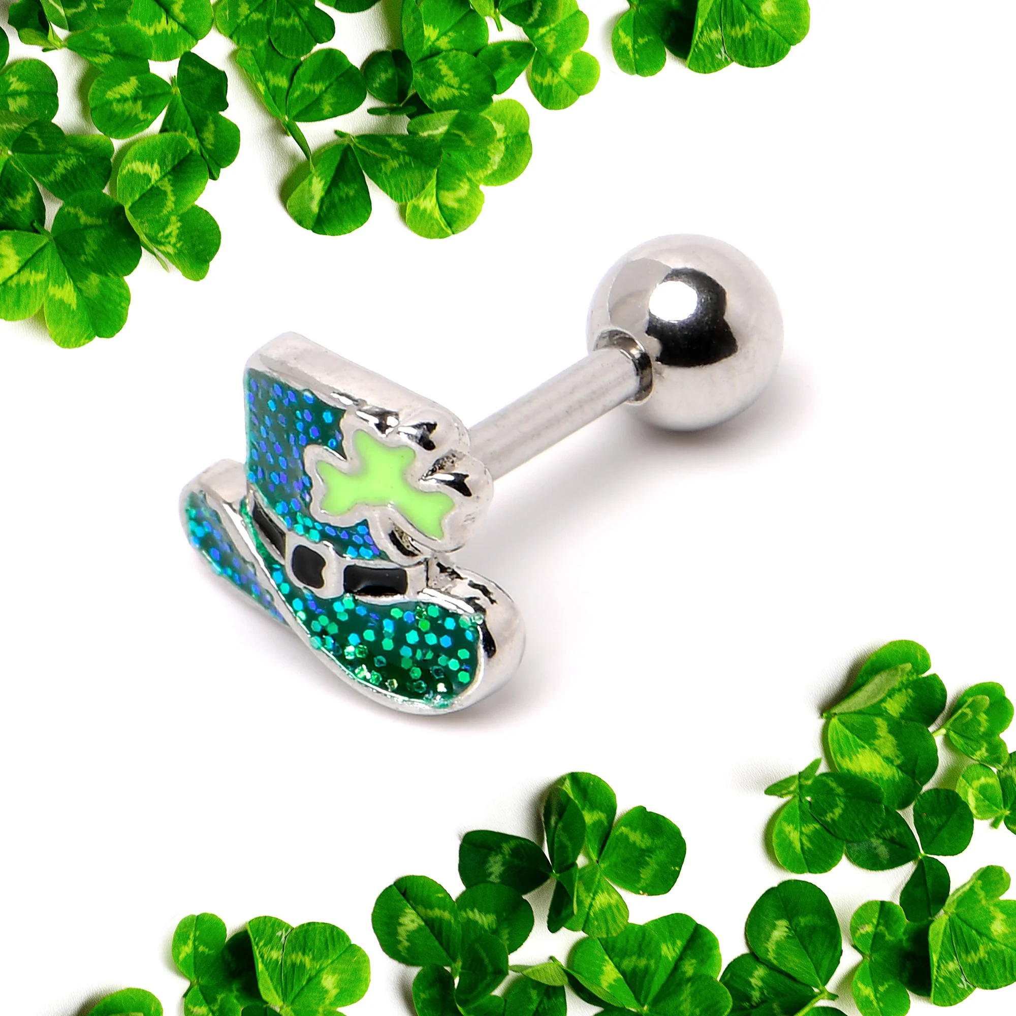 16G 1/4 Glitter Top Hat Shamrock Cartilage Tragus Earring - Image 5