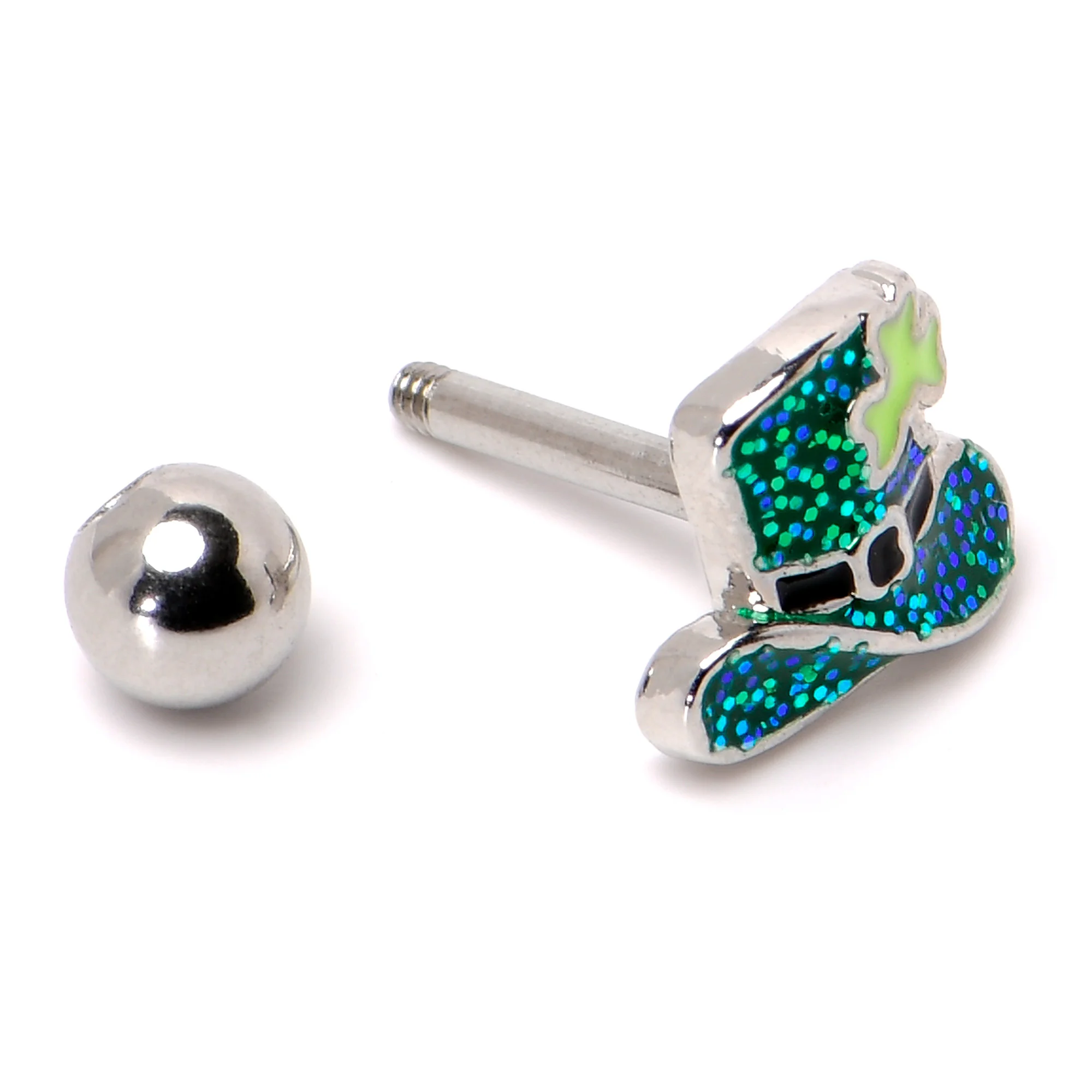 16G 1/4 Glitter Top Hat Shamrock Cartilage Tragus Earring - Image 6