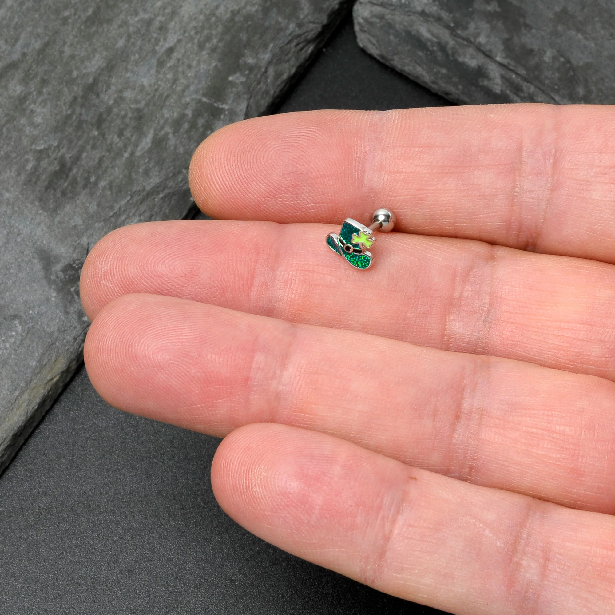 16G 1/4 Glitter Top Hat Shamrock Cartilage Tragus Earring - Image 8