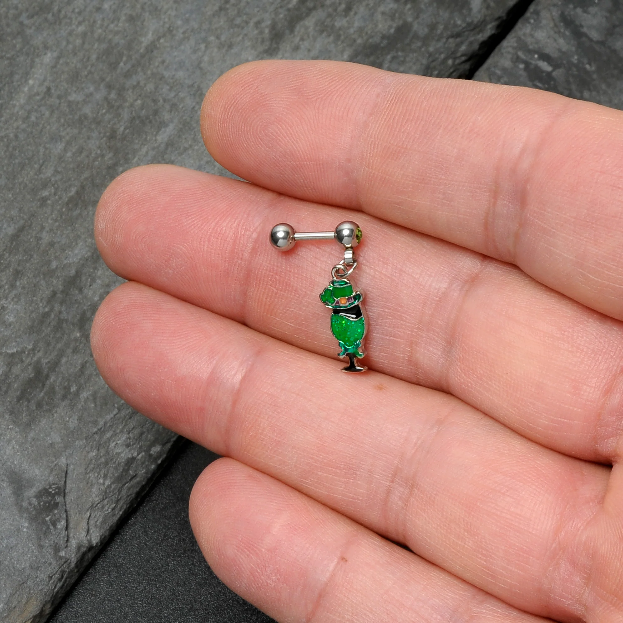 16G 1/4 Green Gem Fancy Leprechaun Dangle Cartilage Tragus Earring - Image 8
