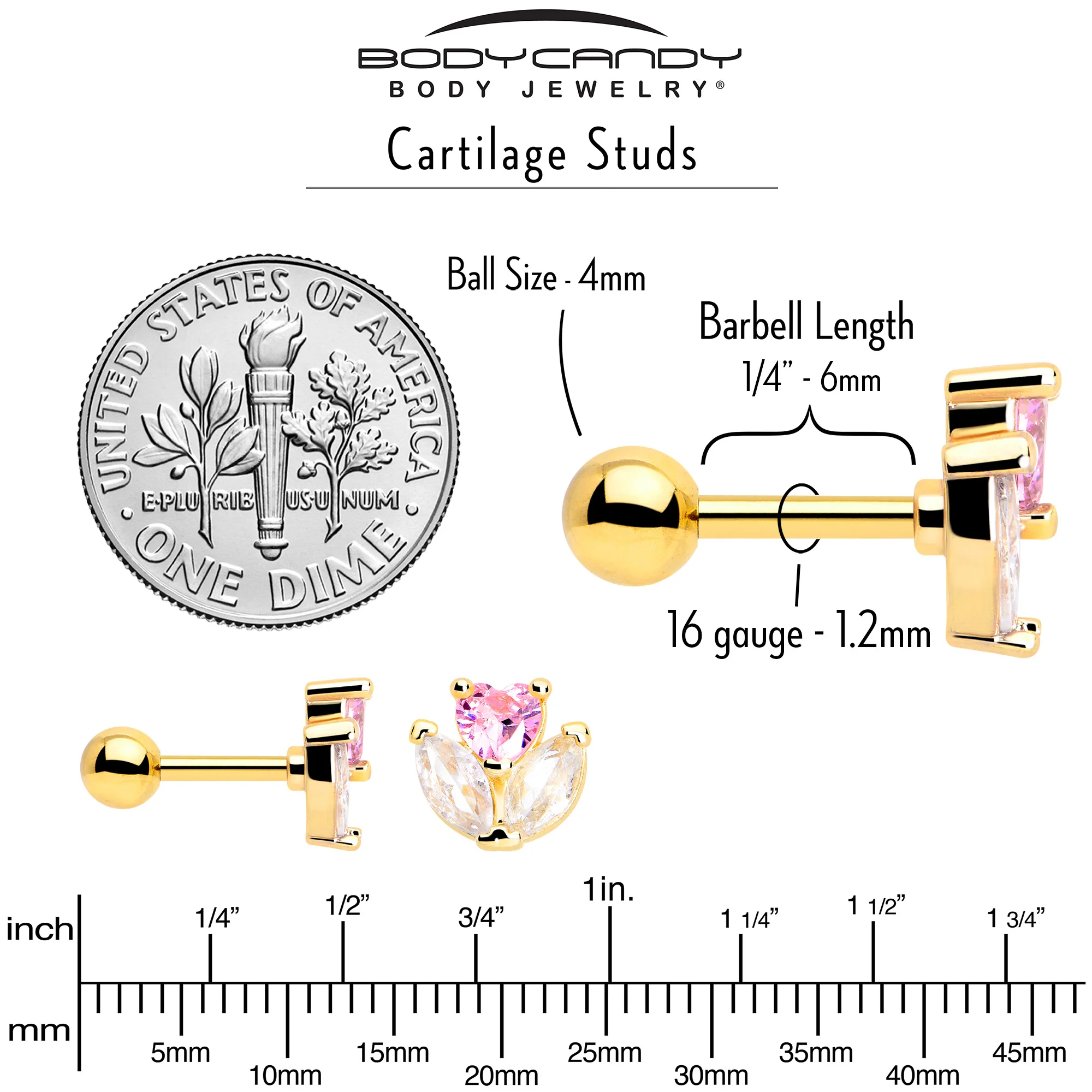 16G 1/4 Pink CZ Gem Gold Tone Love Flower Cartilage Tragus Earring - Image 4