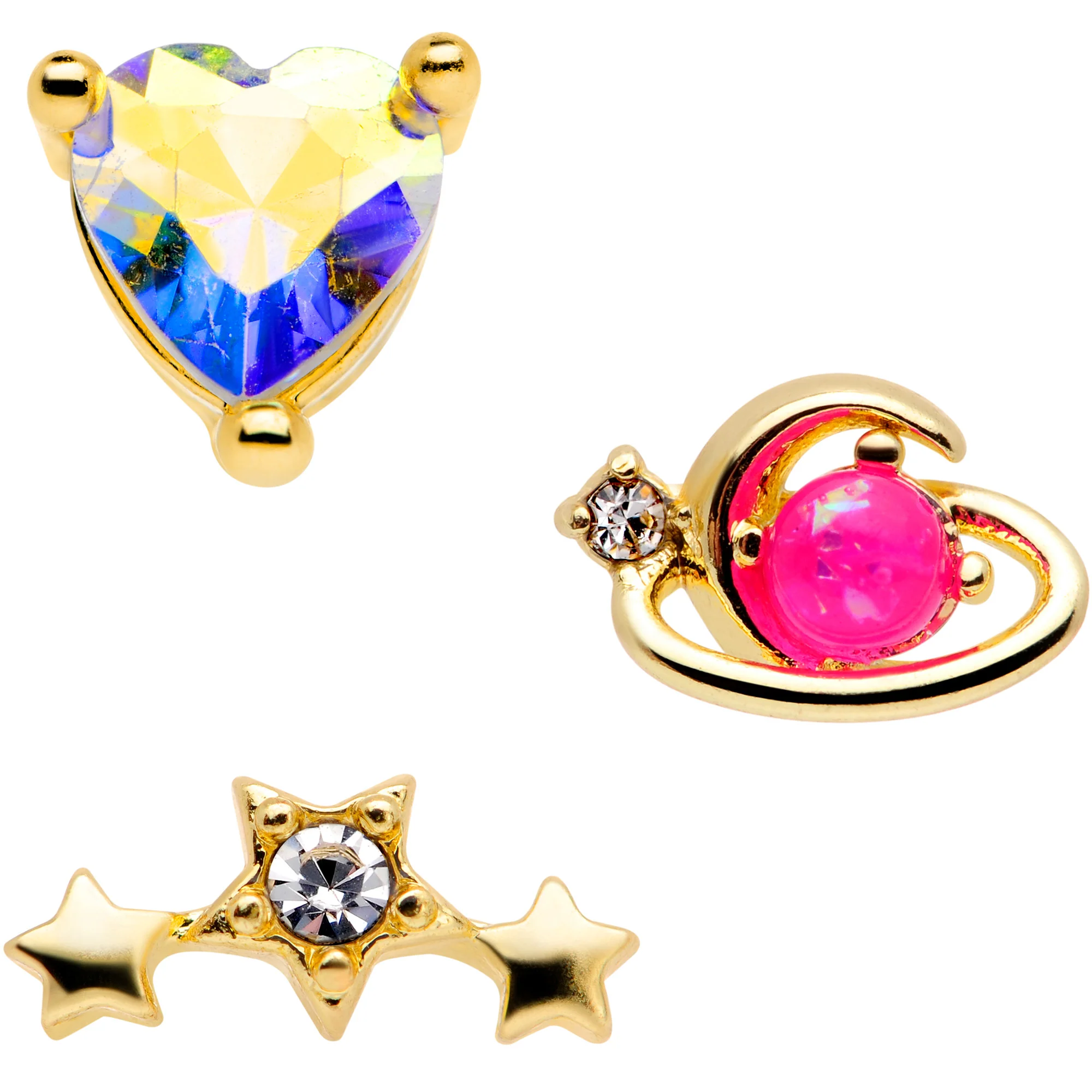 16G 1/4 Pink Faux Opal Gold Tone Heart Cartilage Tragus Set of 3 - Image 2