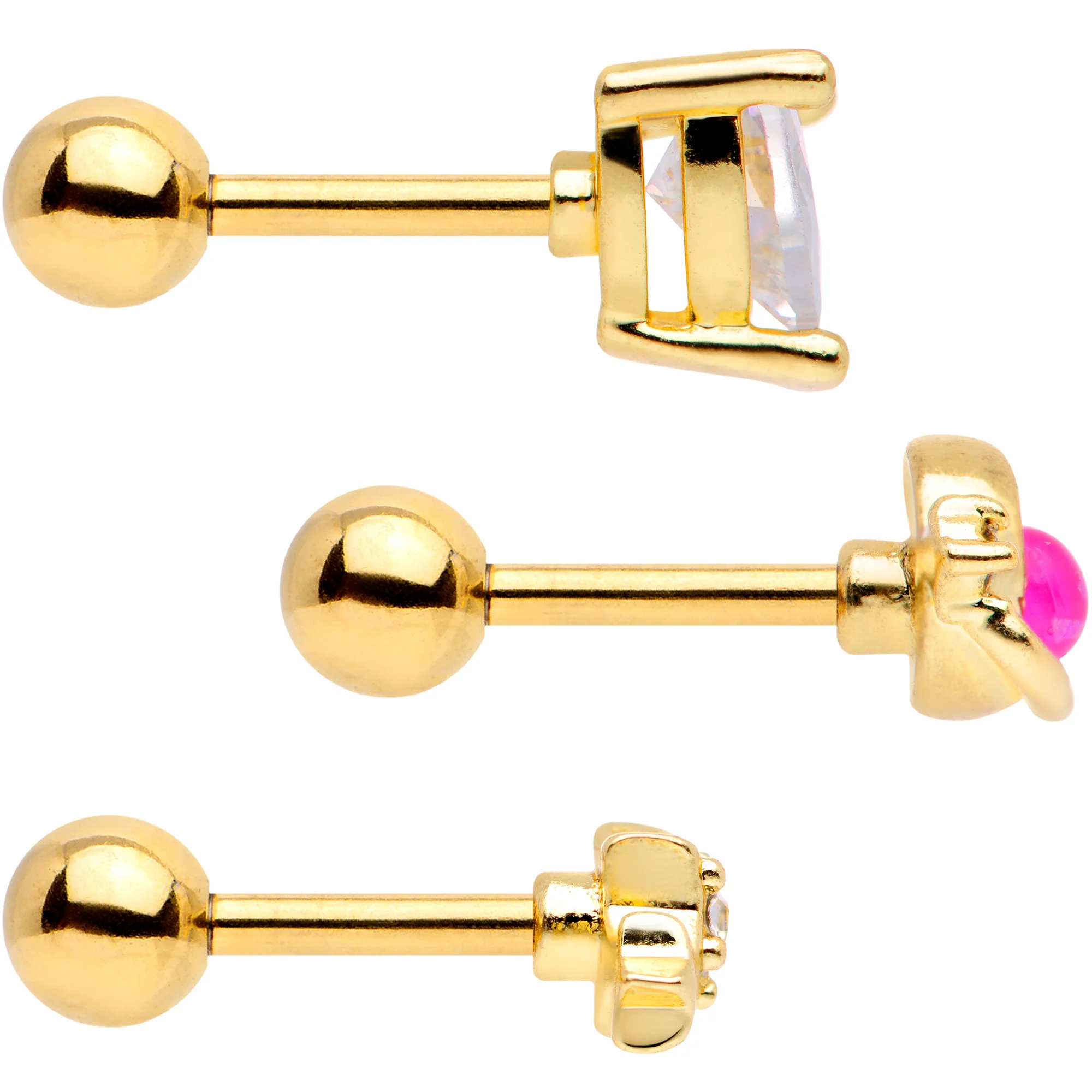 16G 1/4 Pink Faux Opal Gold Tone Heart Cartilage Tragus Set of 3 - Image 3