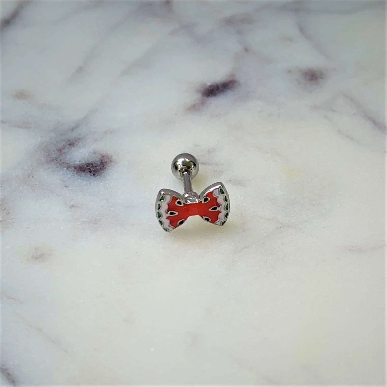 16G 1/4 Red Fruit Watermelon Bow Cartilage Tragus Earring - Image 2