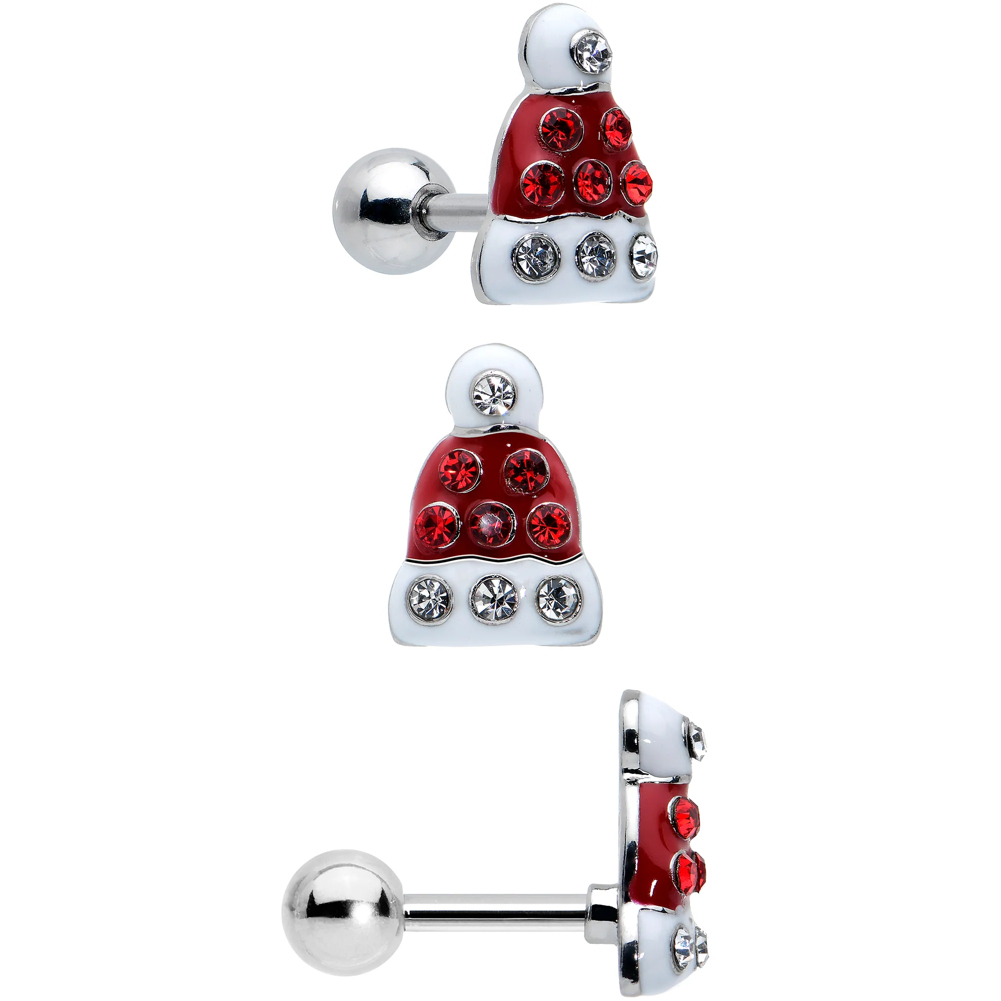 16G 1/4 Red Gem Santa Hat Holly Sprig Cartilage Earring Set of 3 - Image 2