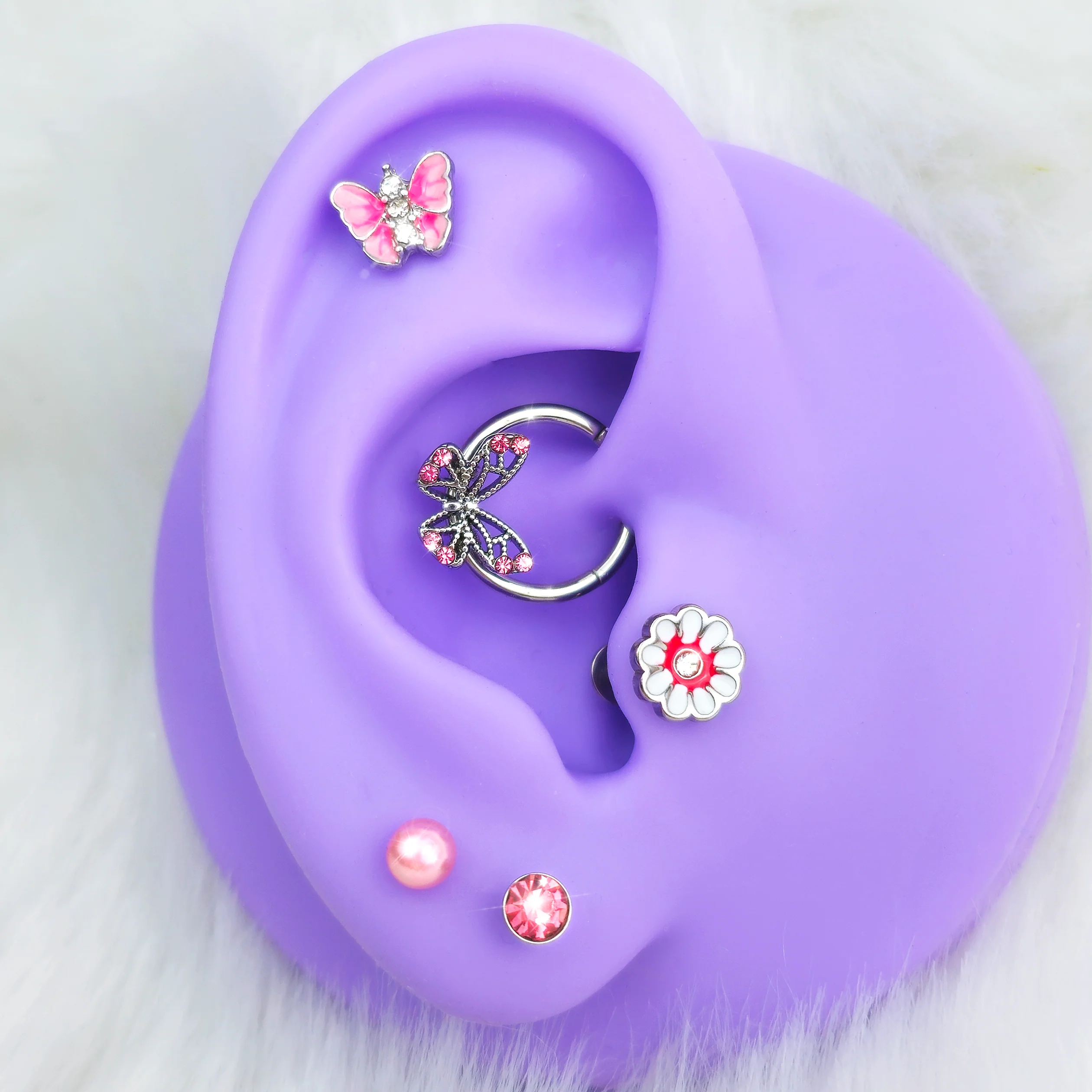 16G 3/8 5/16 Pink Gem Butterfly Labret BCR Cartilage Curation Set of 5 - Image 2