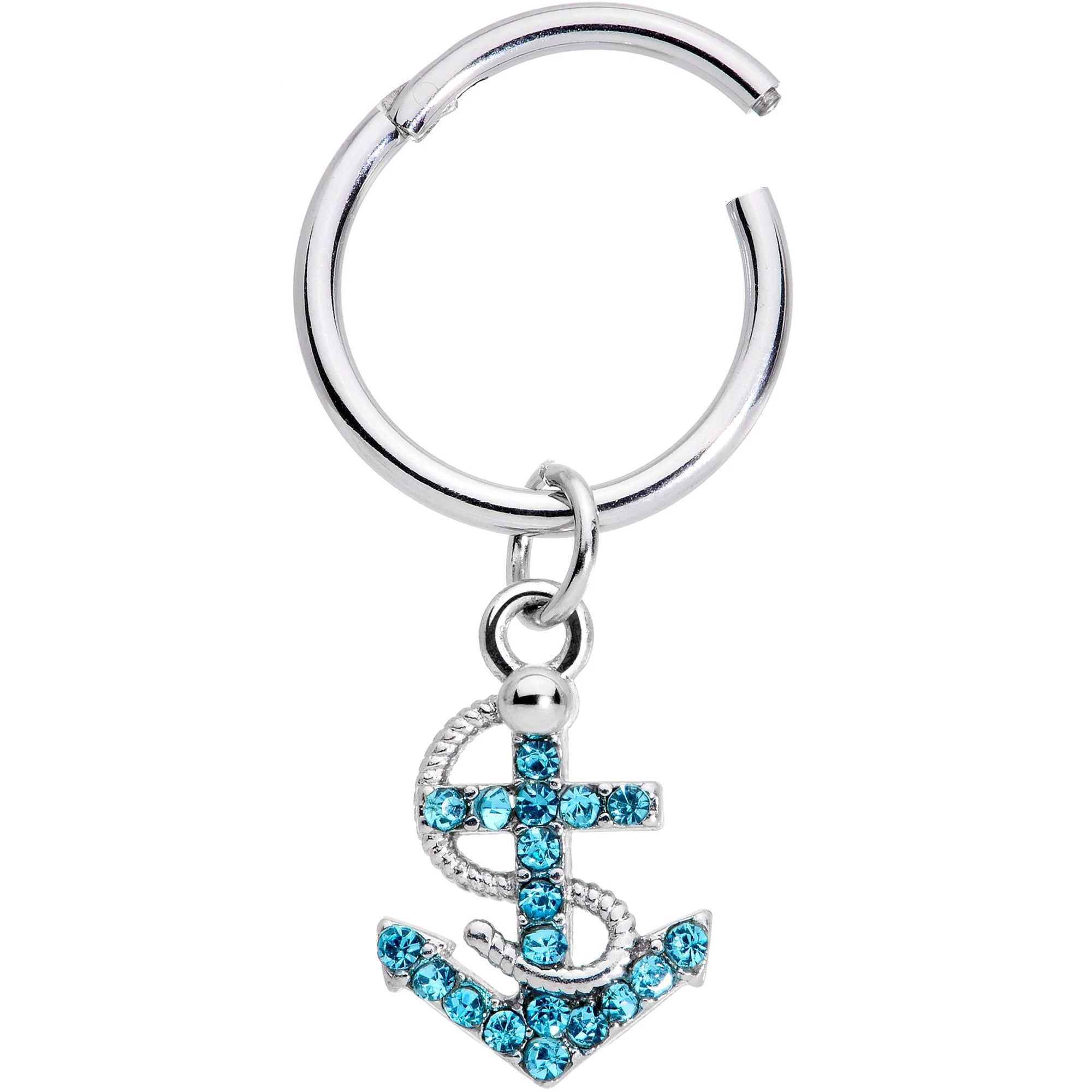 16G 3/8 Aqua CZ Gem Nautical Anchor Hinged Dangle Segment Ring - Image 2