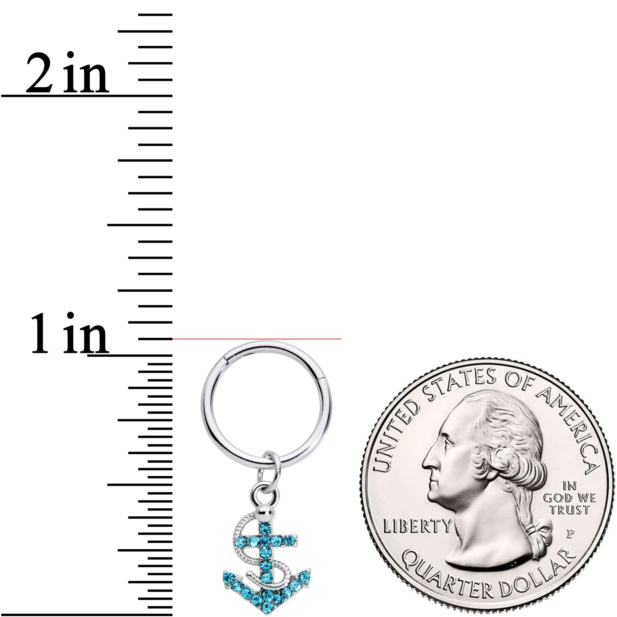 16G 3/8 Aqua CZ Gem Nautical Anchor Hinged Dangle Segment Ring - Image 3