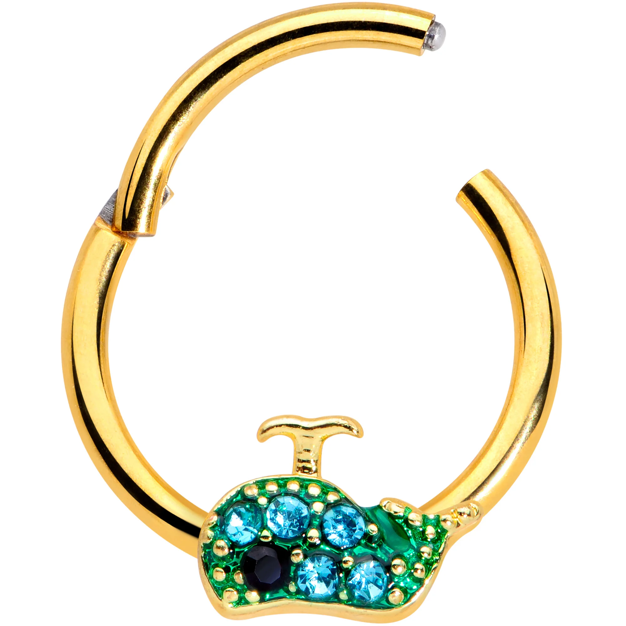 16G 3/8 Aqua Gem Gold Tone Water Whale Hinged Segment Ring - Image 2