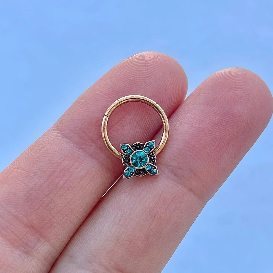 16G 3/8 Aqua Gem Rose Gold Tone Renaissance Hinged Segment Ring - Image 2