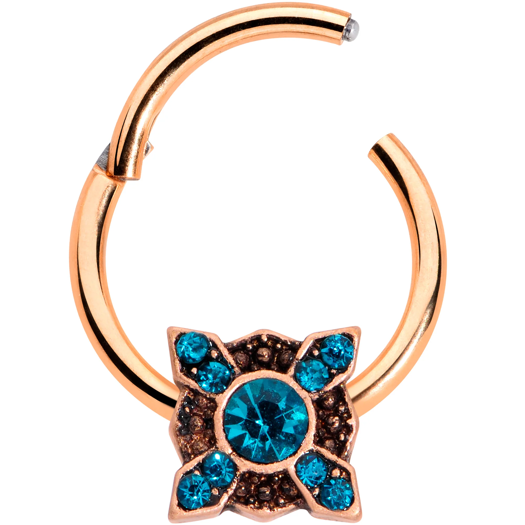 16G 3/8 Aqua Gem Rose Gold Tone Renaissance Hinged Segment Ring - Image 3