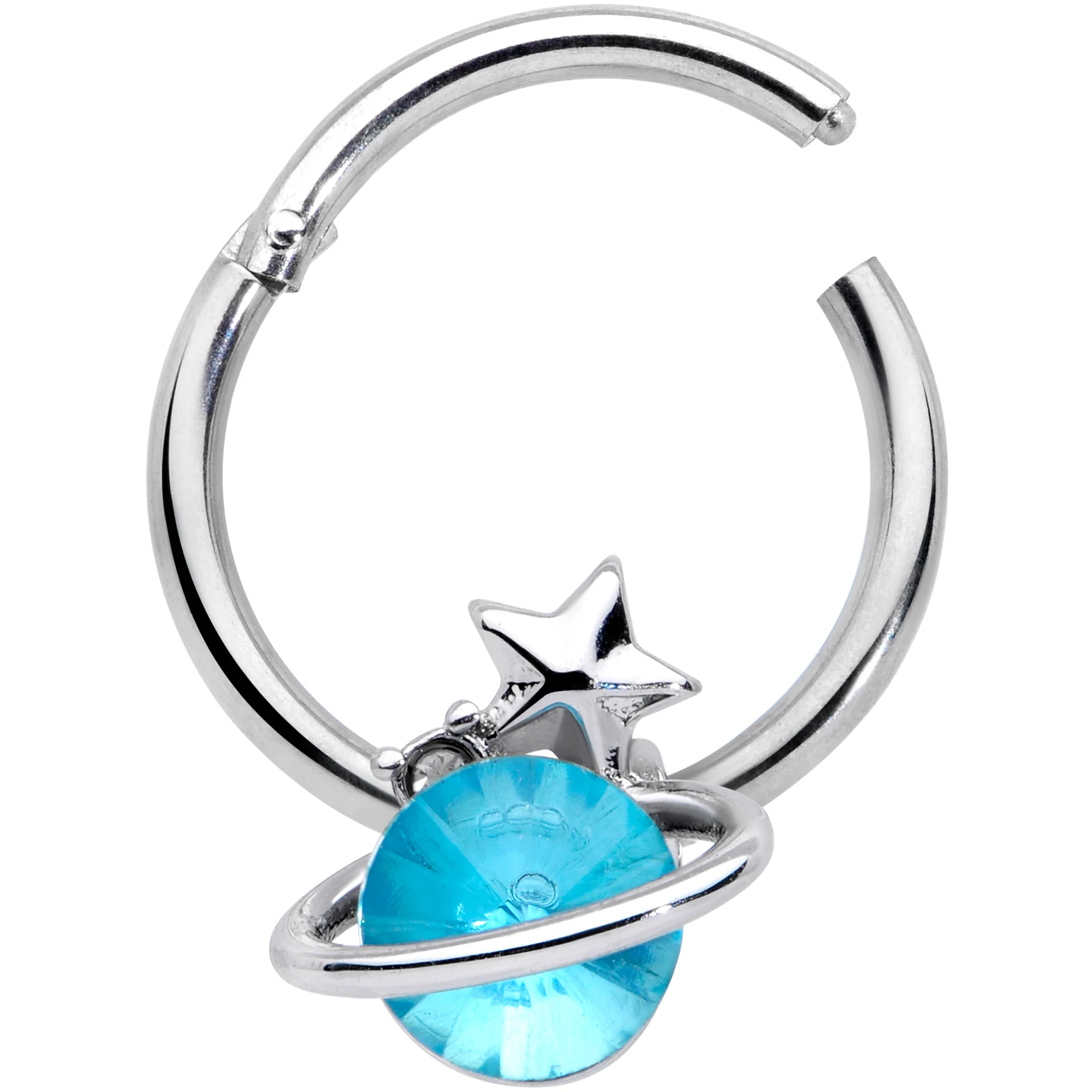 16G 3/8 Aqua Gem Star Saturn Planet Hinged Segment Ring - Image 2
