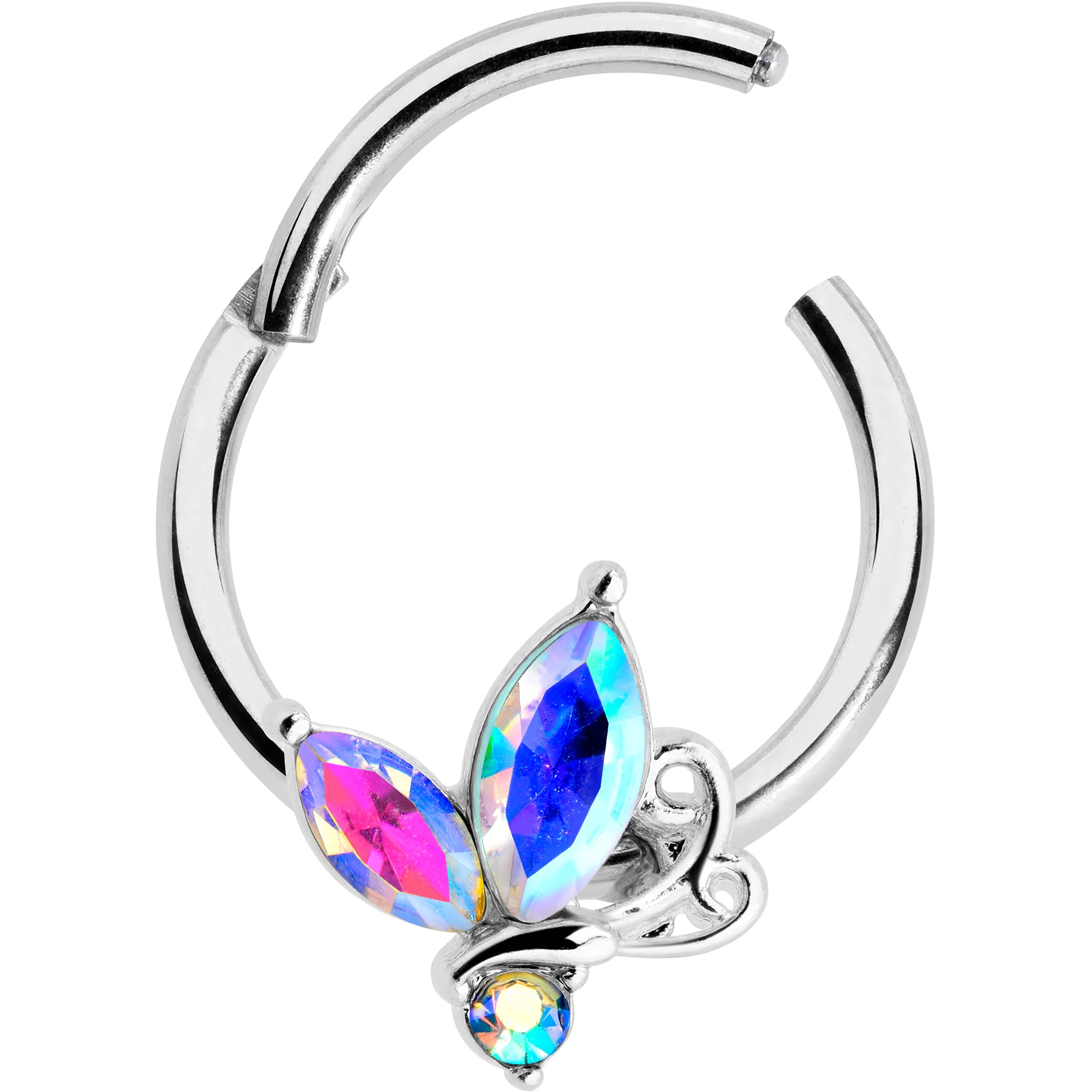 16G 3/8 Aurora CZ Gem Fleur de Lis Butterfly Hinged Segment Ring - Image 2