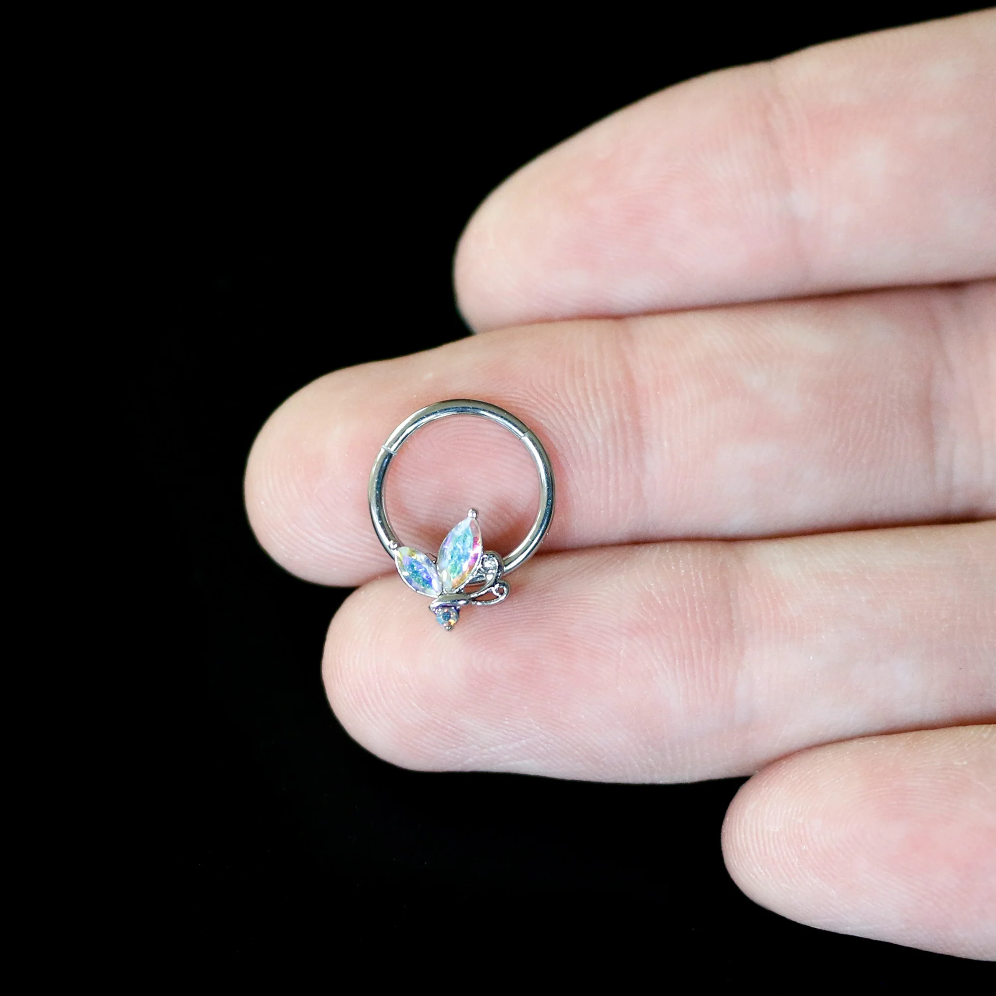 16G 3/8 Aurora CZ Gem Fleur de Lis Butterfly Hinged Segment Ring - Image 5