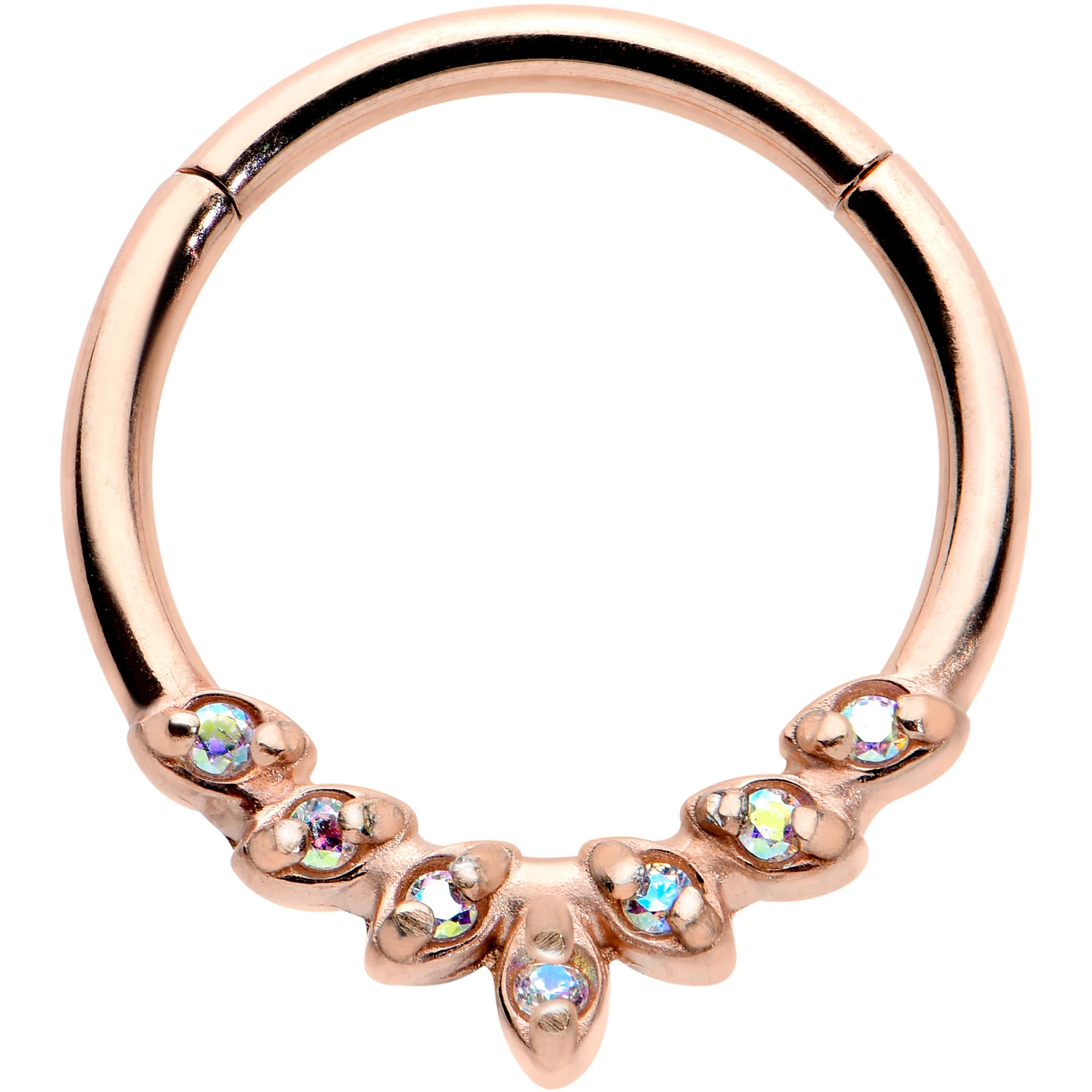 16G 3/8 Aurora CZ Gem Rose Gold Hue Seven Leaf Hinged Segment Ring