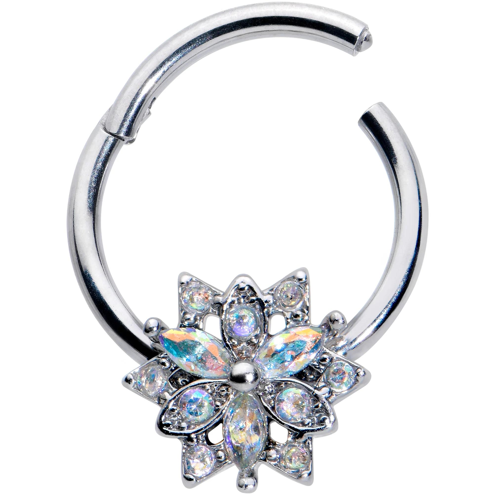 16G 3/8 Aurora CZ Gem Snowflake Style Hinged Segment Ring - Image 2
