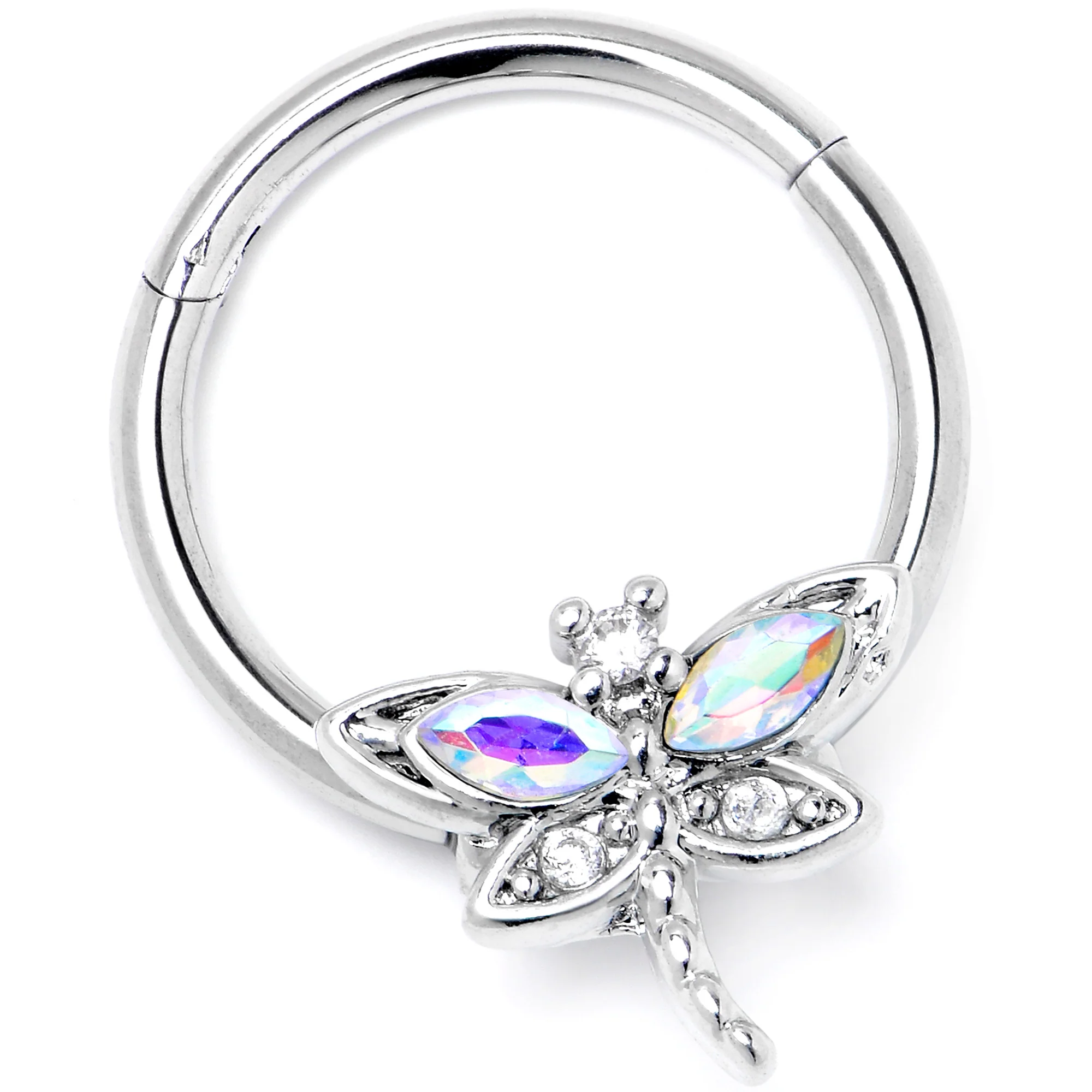 16G 3/8 Aurora CZ Gem Understated Dragonfly Hinged Segment Ring - Image 3