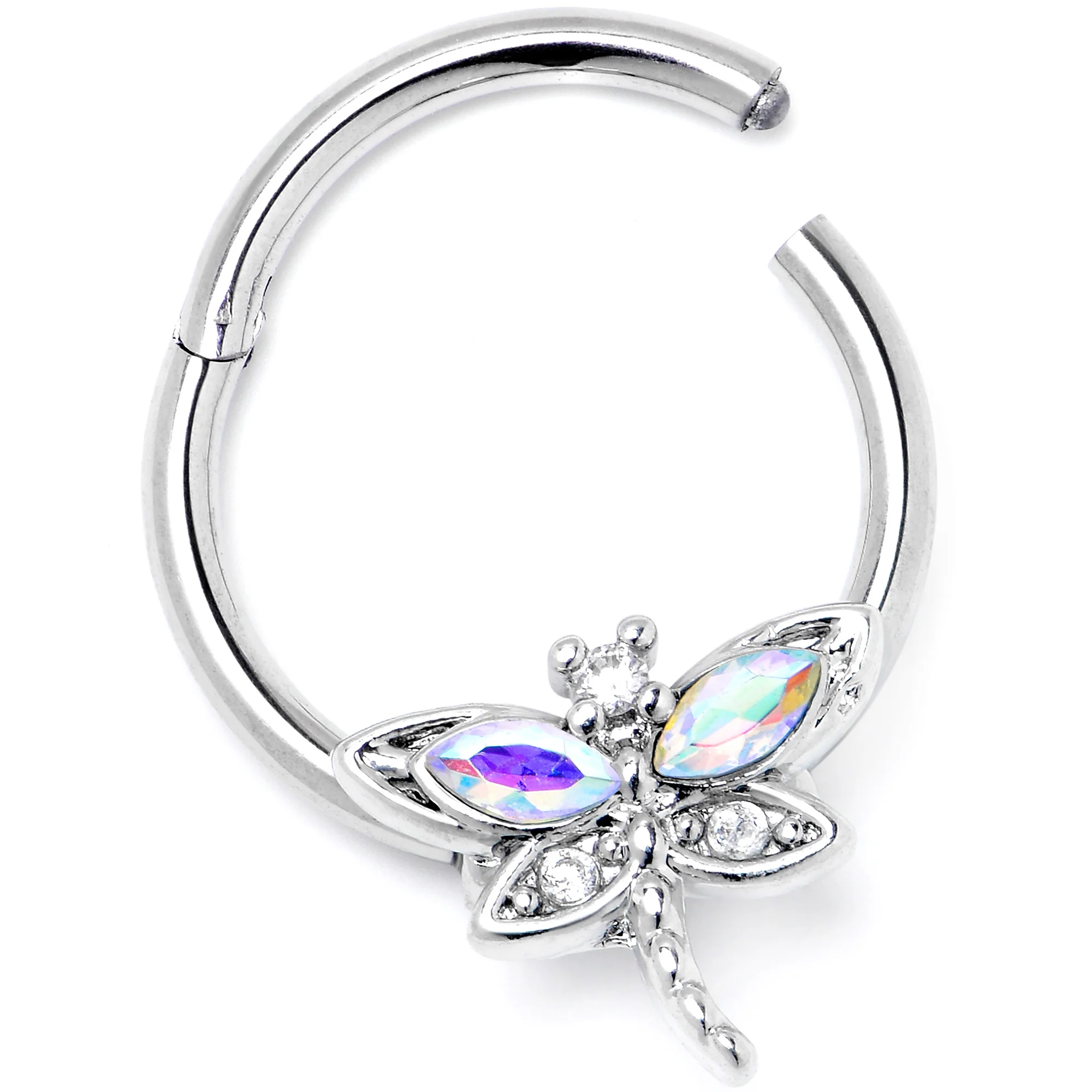 16G 3/8 Aurora CZ Gem Understated Dragonfly Hinged Segment Ring - Image 4
