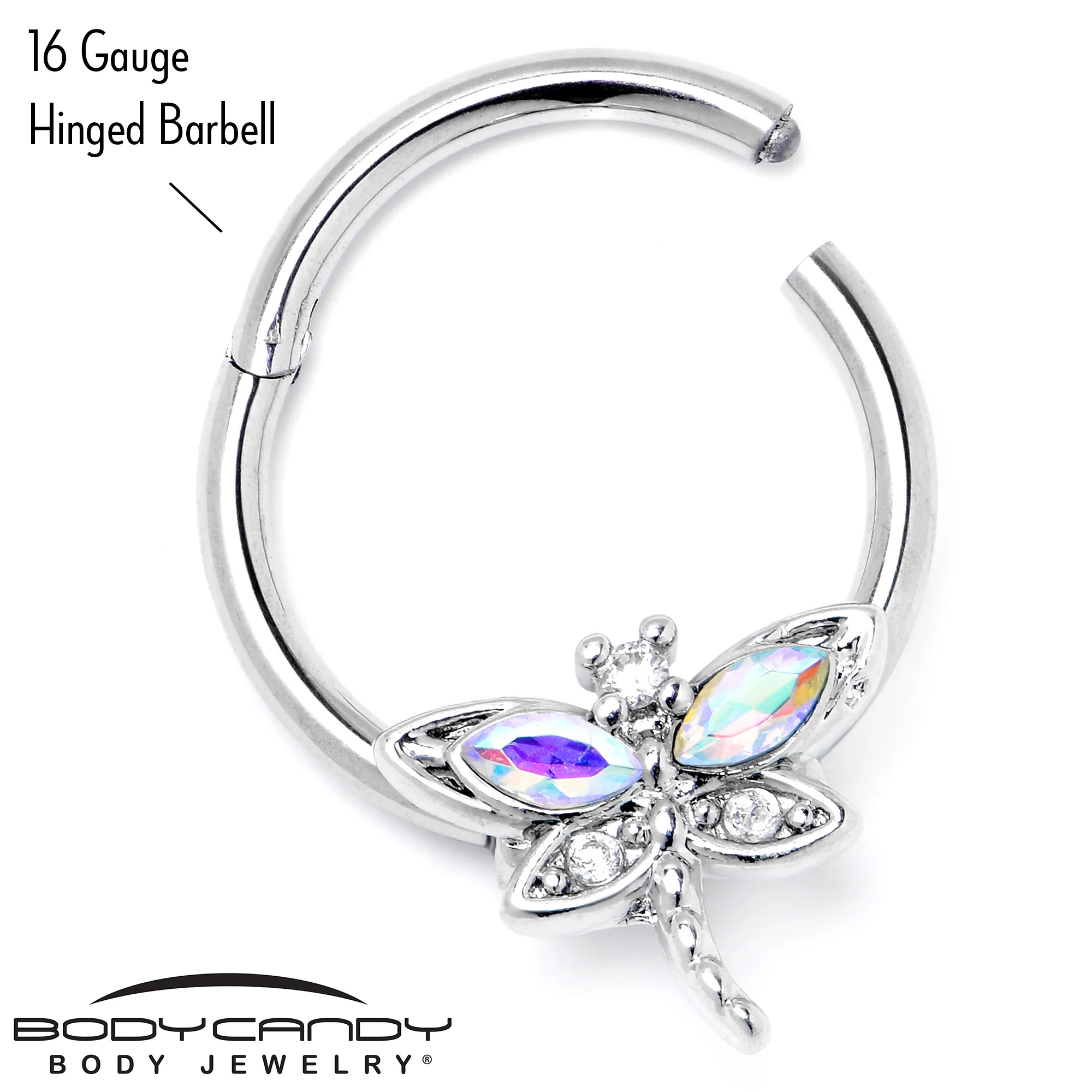16G 3/8 Aurora CZ Gem Understated Dragonfly Hinged Segment Ring - Image 5
