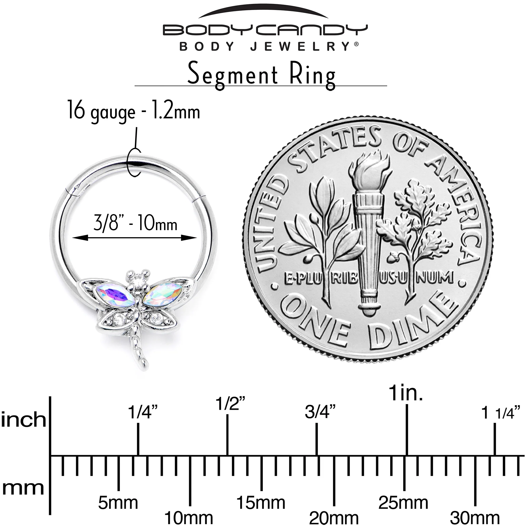 16G 3/8 Aurora CZ Gem Understated Dragonfly Hinged Segment Ring - Image 6