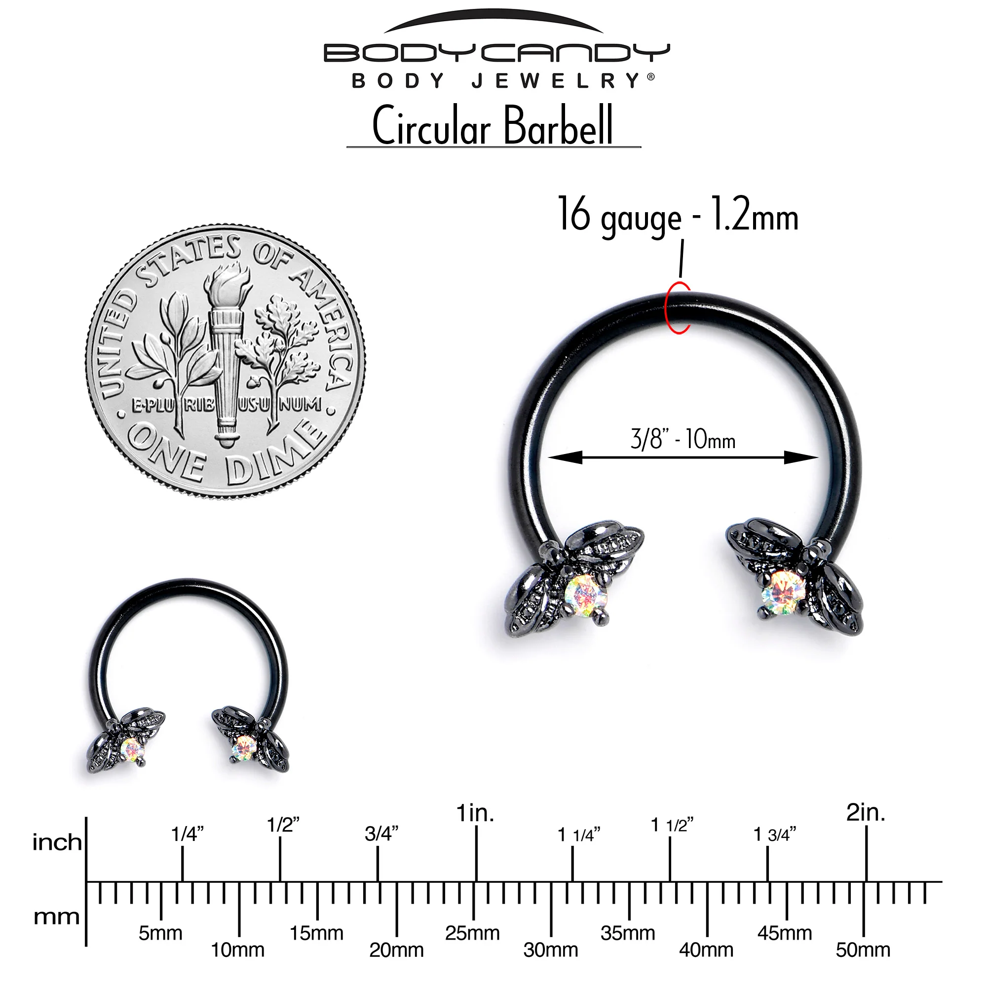 16G 3/8 Aurora Gem Black Beauty Bug Horseshoe Circular Barbell - Image 4