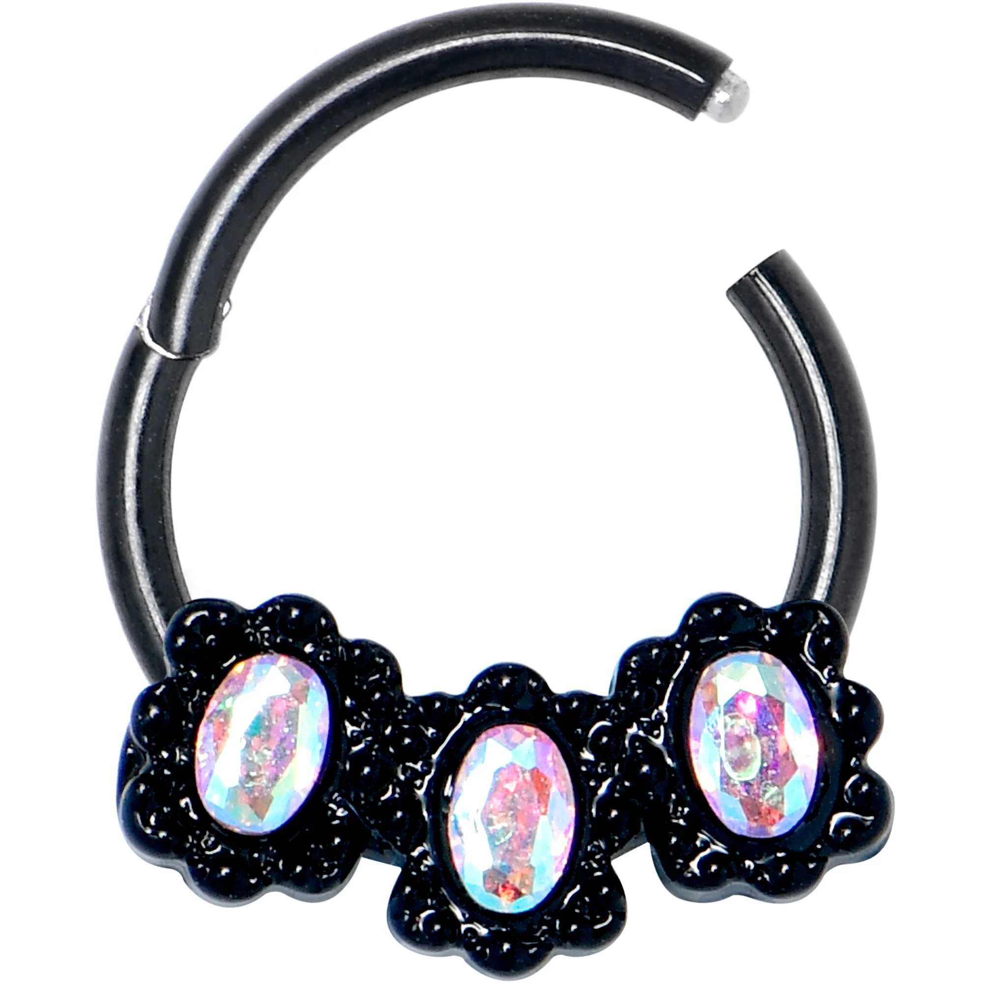 16G 3/8 Aurora Gem Black Magical Ovals Hinged Segment Ring - Image 2