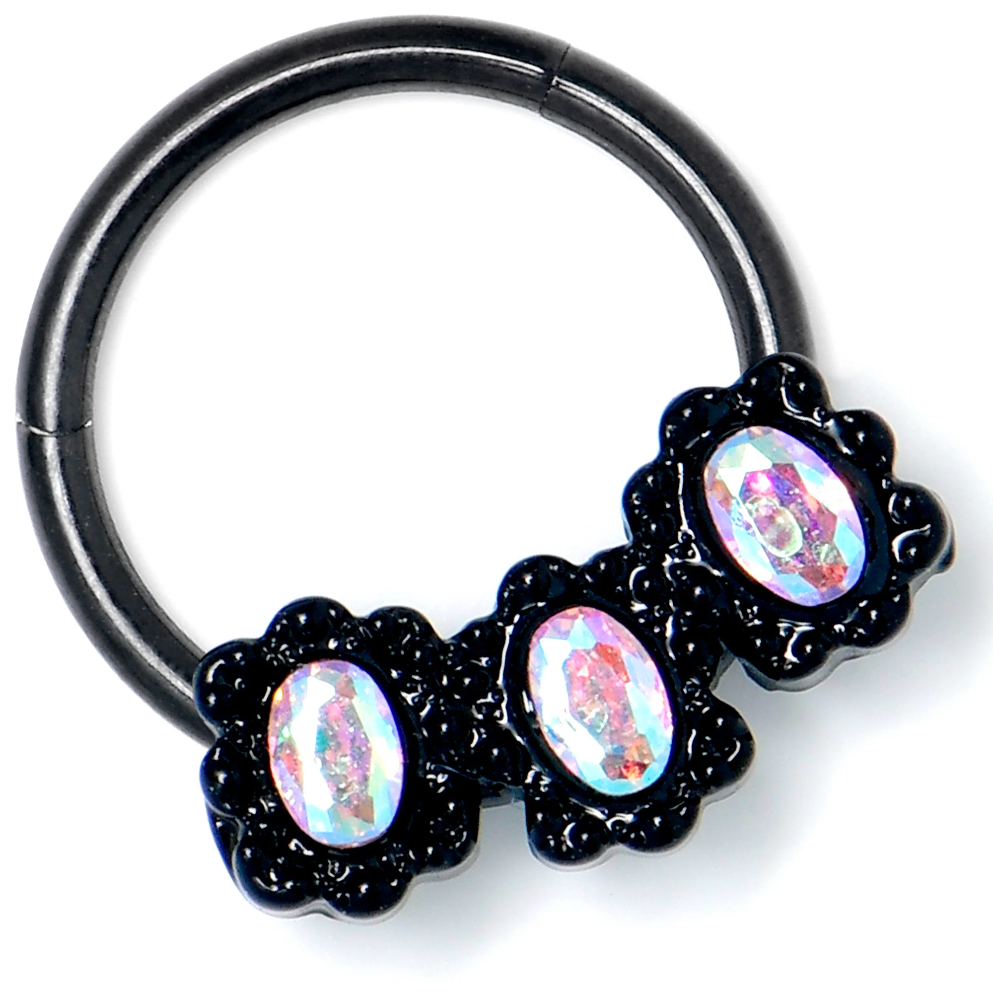 16G 3/8 Aurora Gem Black Magical Ovals Hinged Segment Ring - Image 3