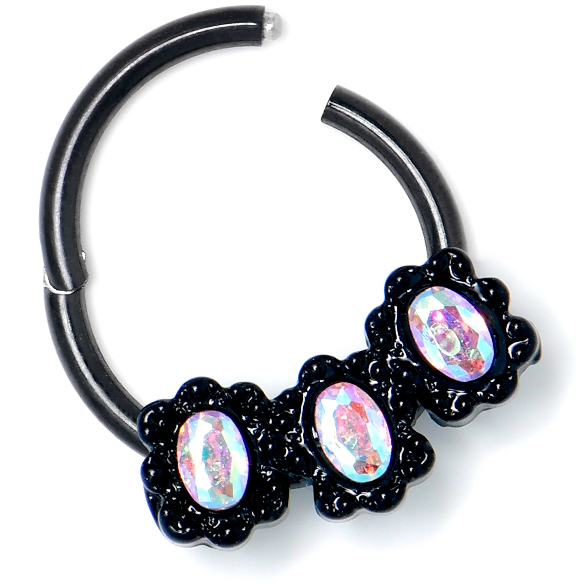 16G 3/8 Aurora Gem Black Magical Ovals Hinged Segment Ring - Image 4