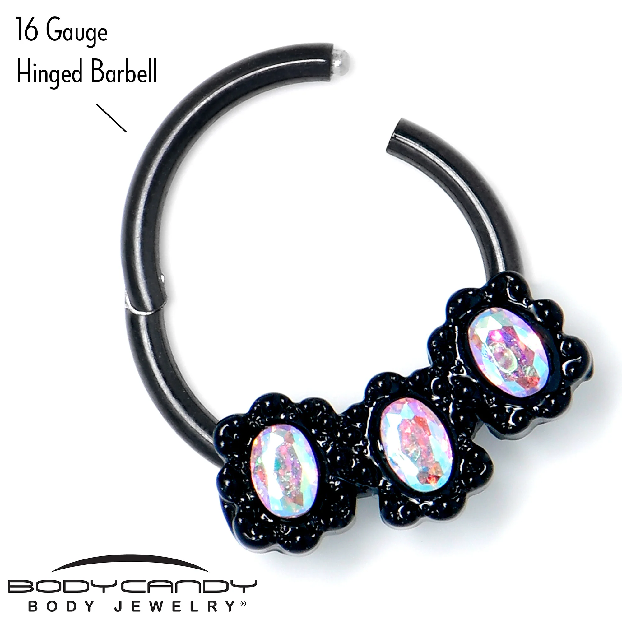 16G 3/8 Aurora Gem Black Magical Ovals Hinged Segment Ring - Image 5