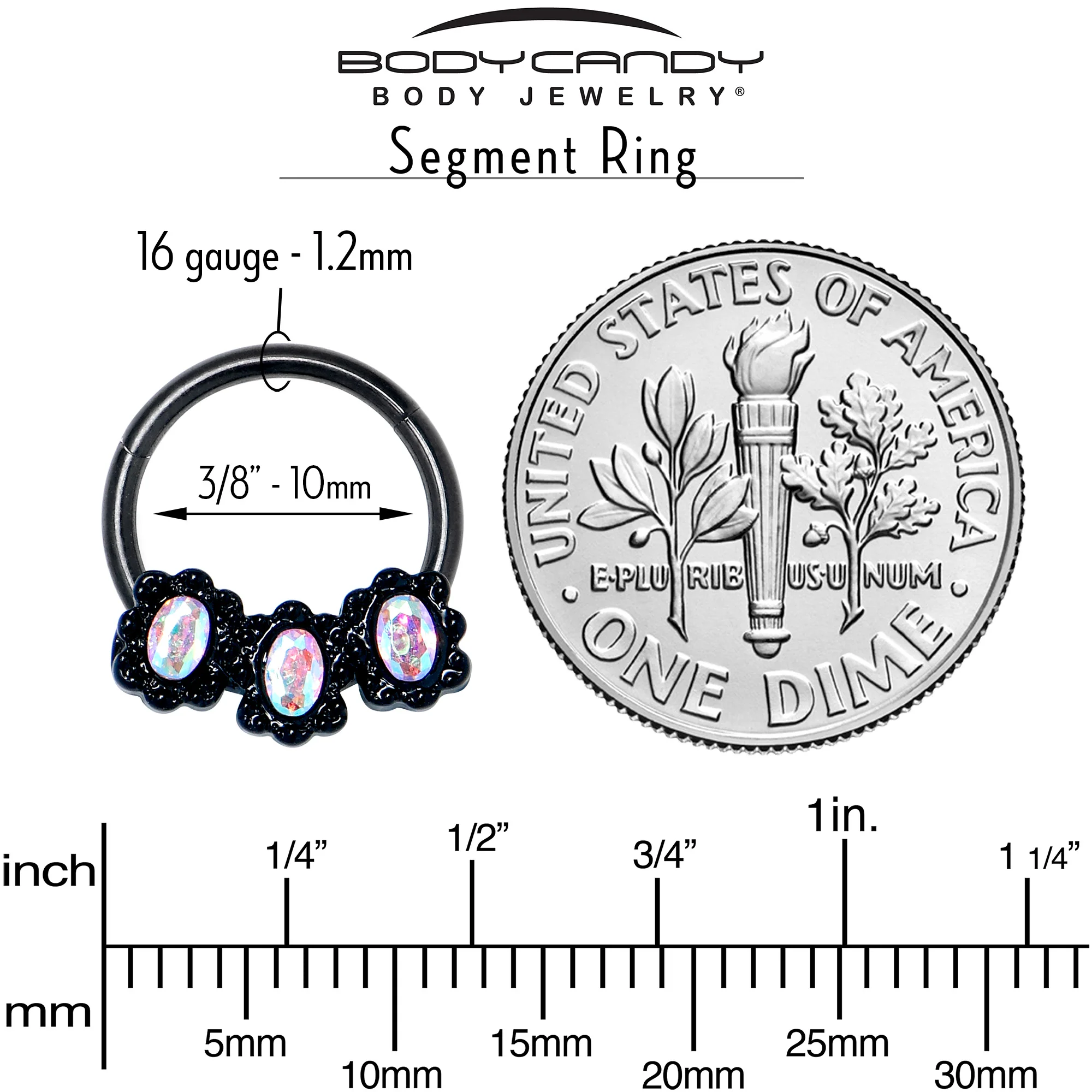16G 3/8 Aurora Gem Black Magical Ovals Hinged Segment Ring - Image 6