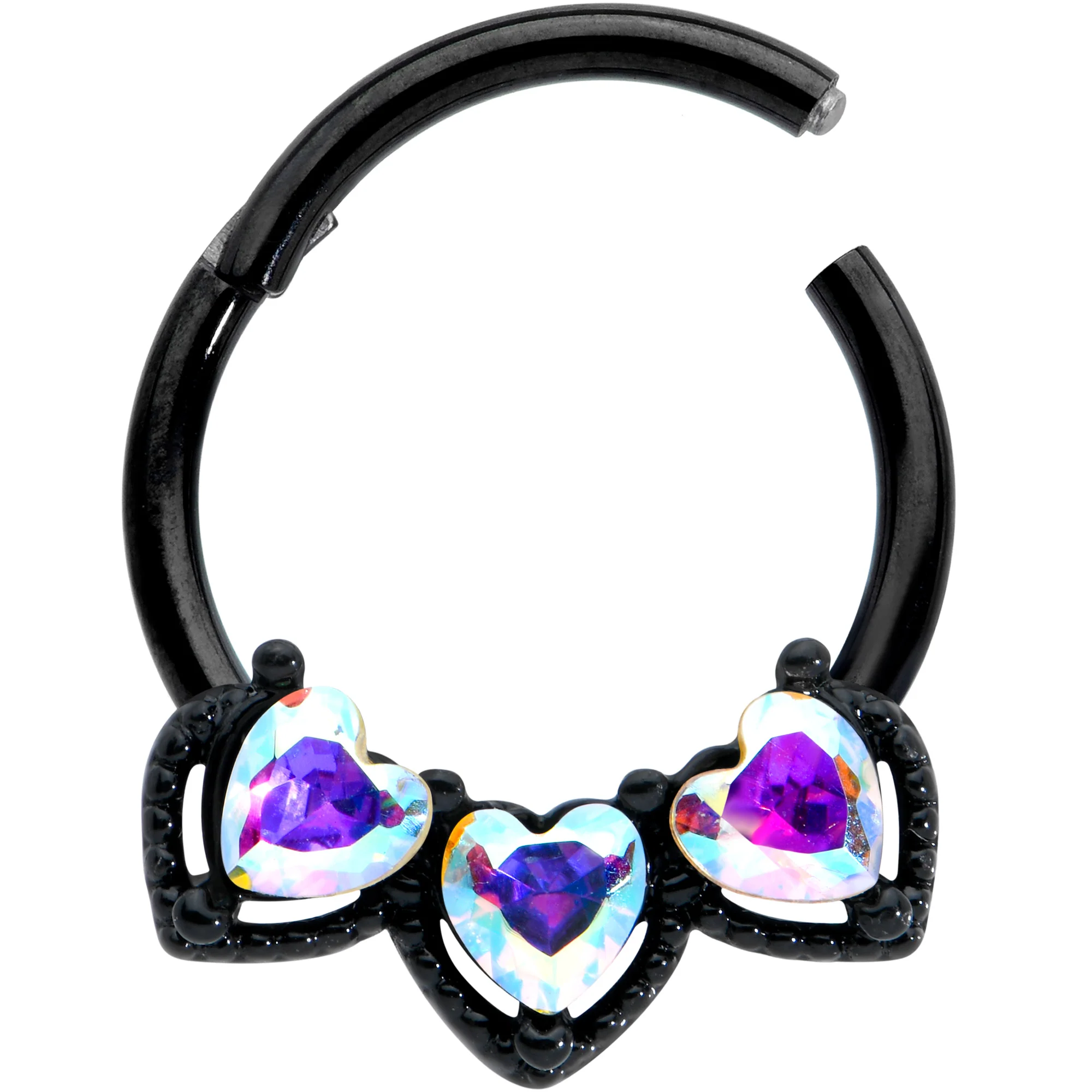16G 3/8 Aurora Gem Black Rococo Trio Heart Hinged Segment Ring - Image 4
