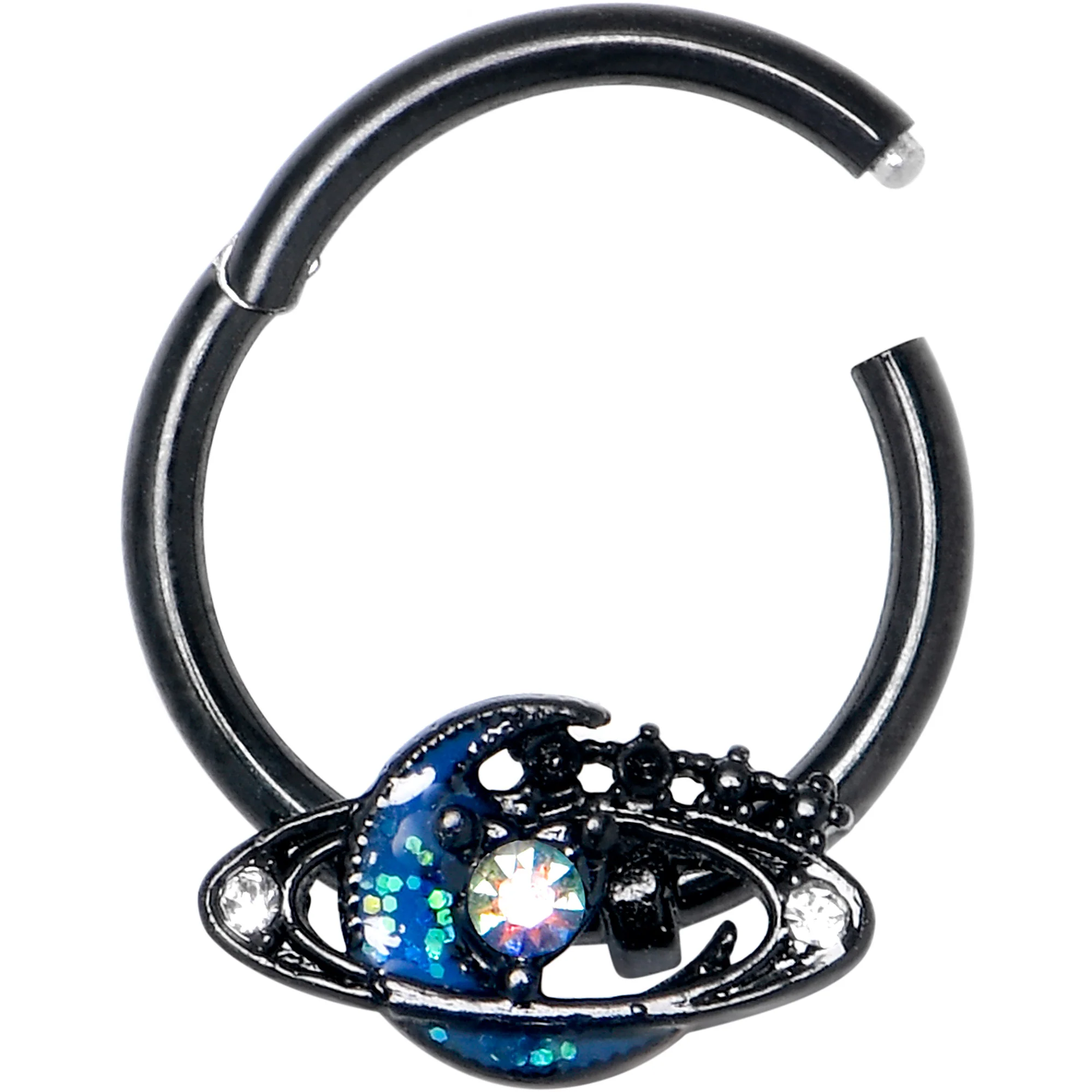 16G 3/8 Aurora Gem Black Saturn Space Moon Hinged Segment Ring - Image 2
