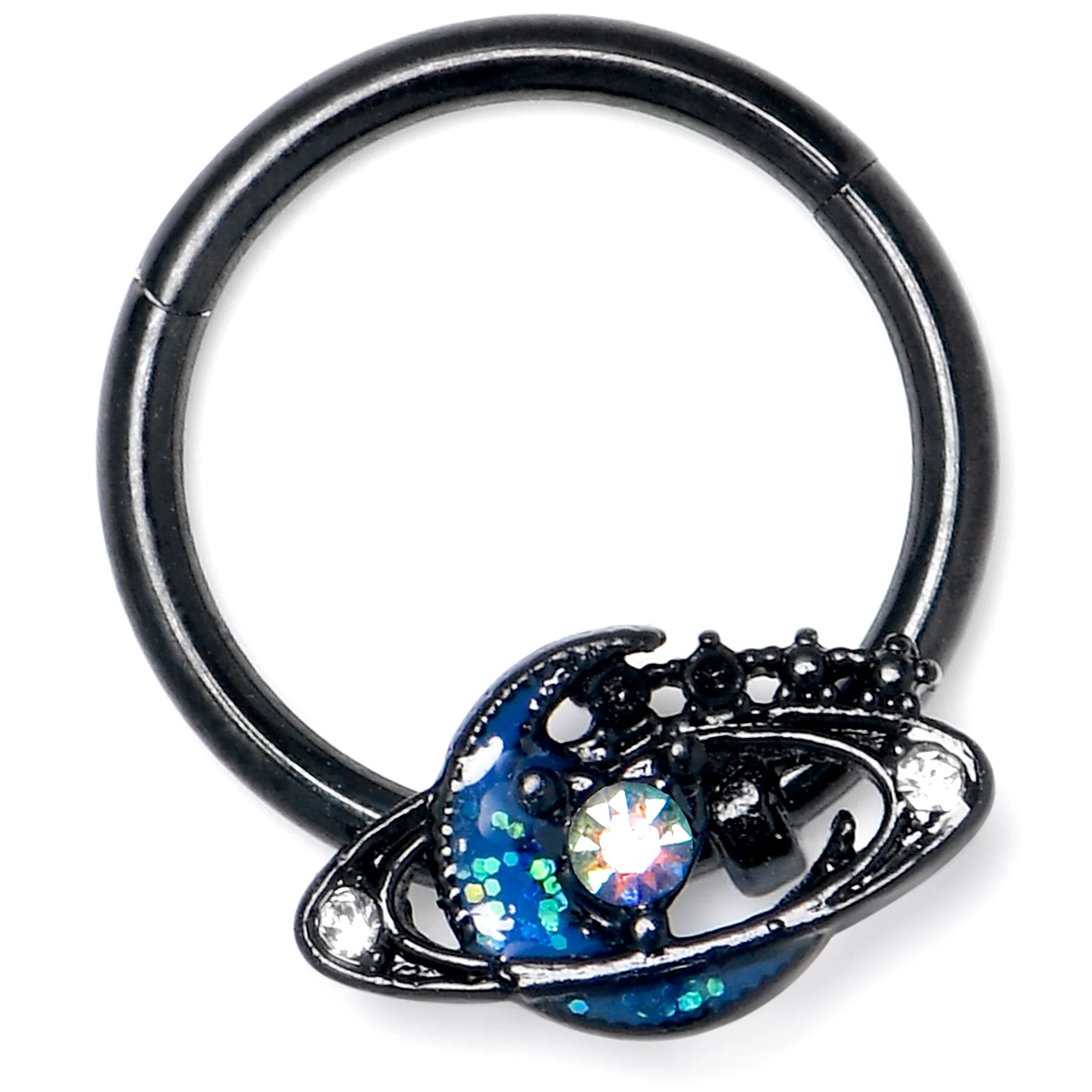 16G 3/8 Aurora Gem Black Saturn Space Moon Hinged Segment Ring - Image 3