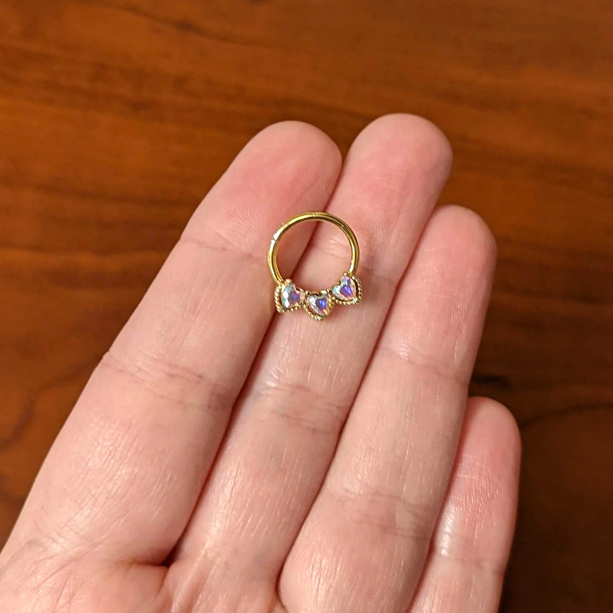 16G 3/8 Aurora Gem Gold Hue Rococo Trio Heart Hinged Segment Ring - Image 6