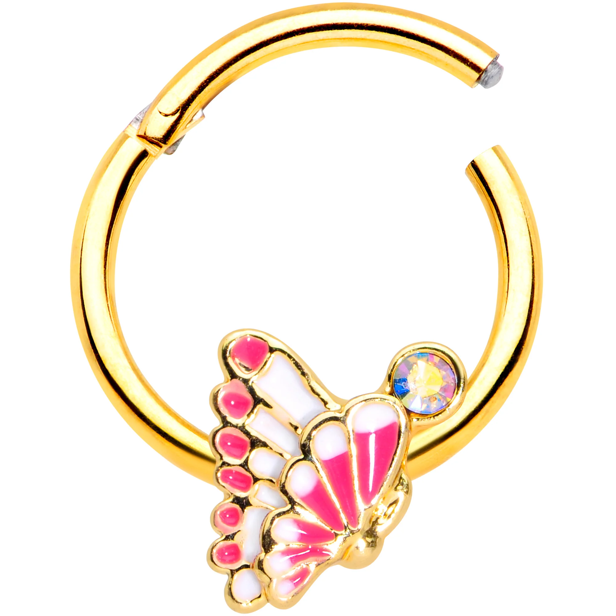 16G 3/8 Aurora Gem Gold Tone Butterfly Hinged Segment Ring - Image 2
