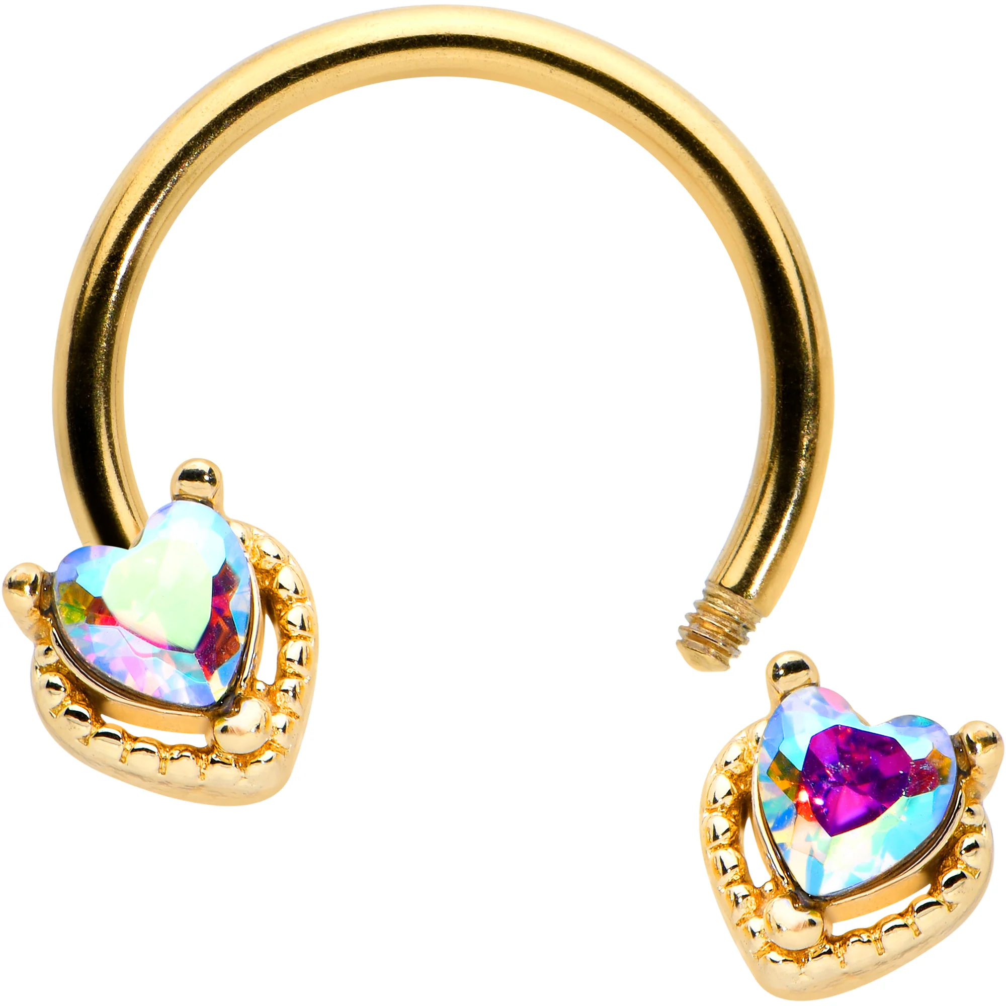 16G 3/8 Aurora Gem Gold Tone Duo Heart Horseshoe Circular Barbell - Image 2