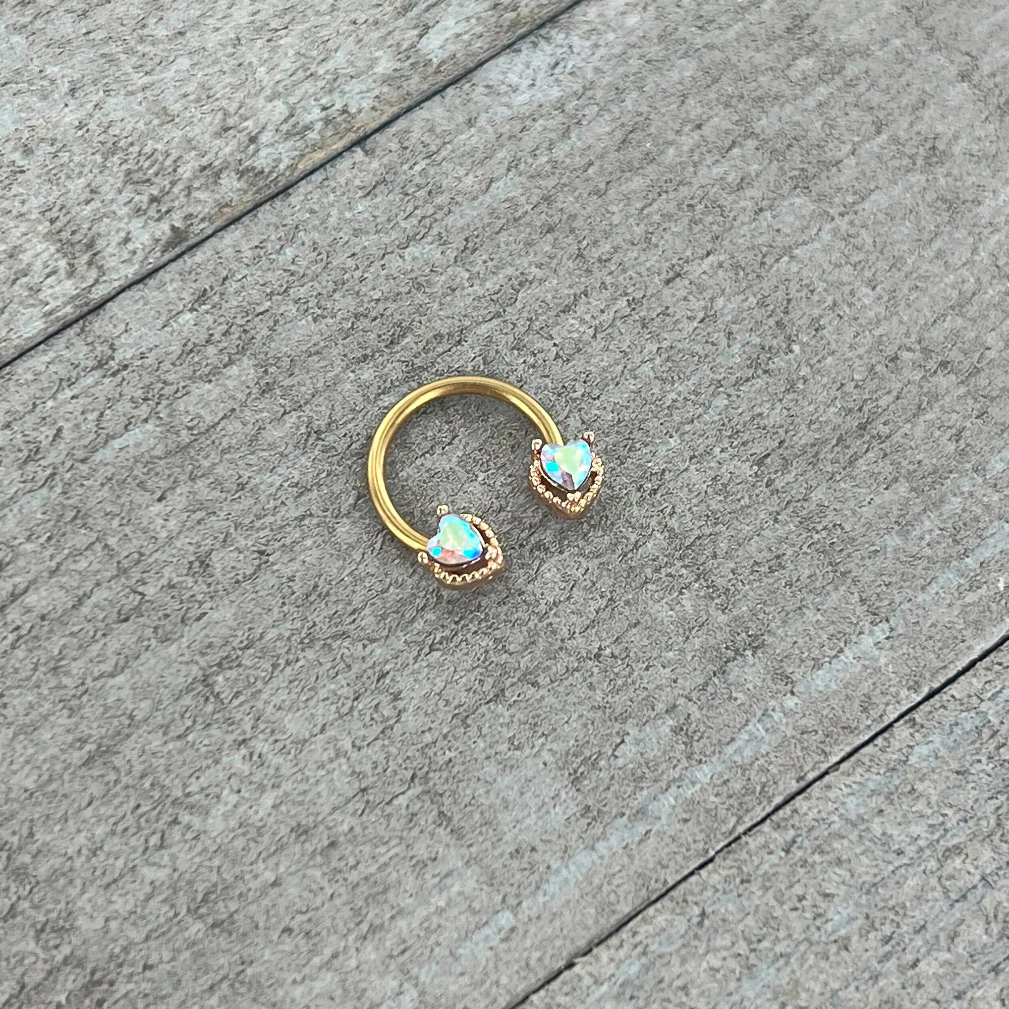 16G 3/8 Aurora Gem Gold Tone Duo Heart Horseshoe Circular Barbell - Image 4