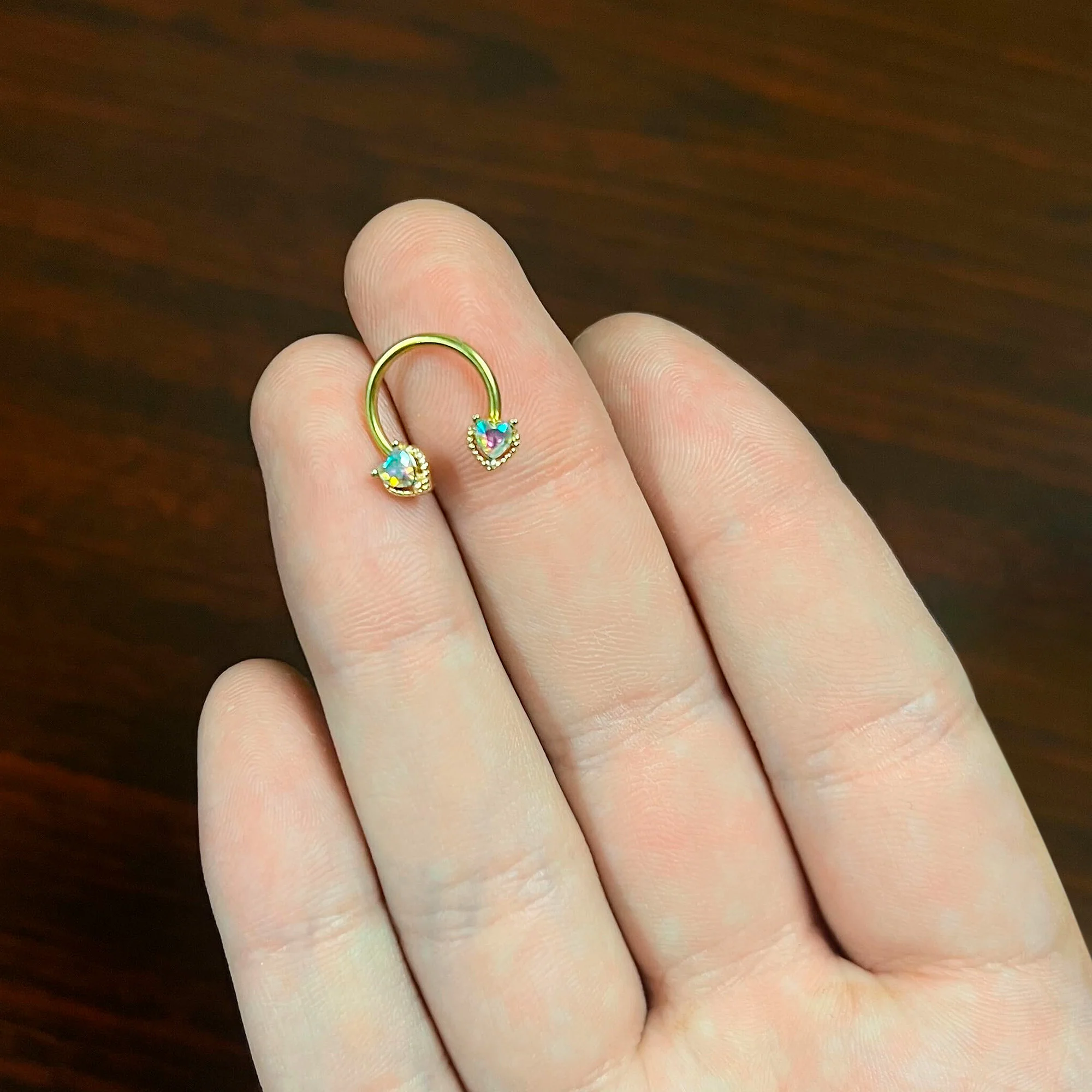 16G 3/8 Aurora Gem Gold Tone Duo Heart Horseshoe Circular Barbell - Image 5