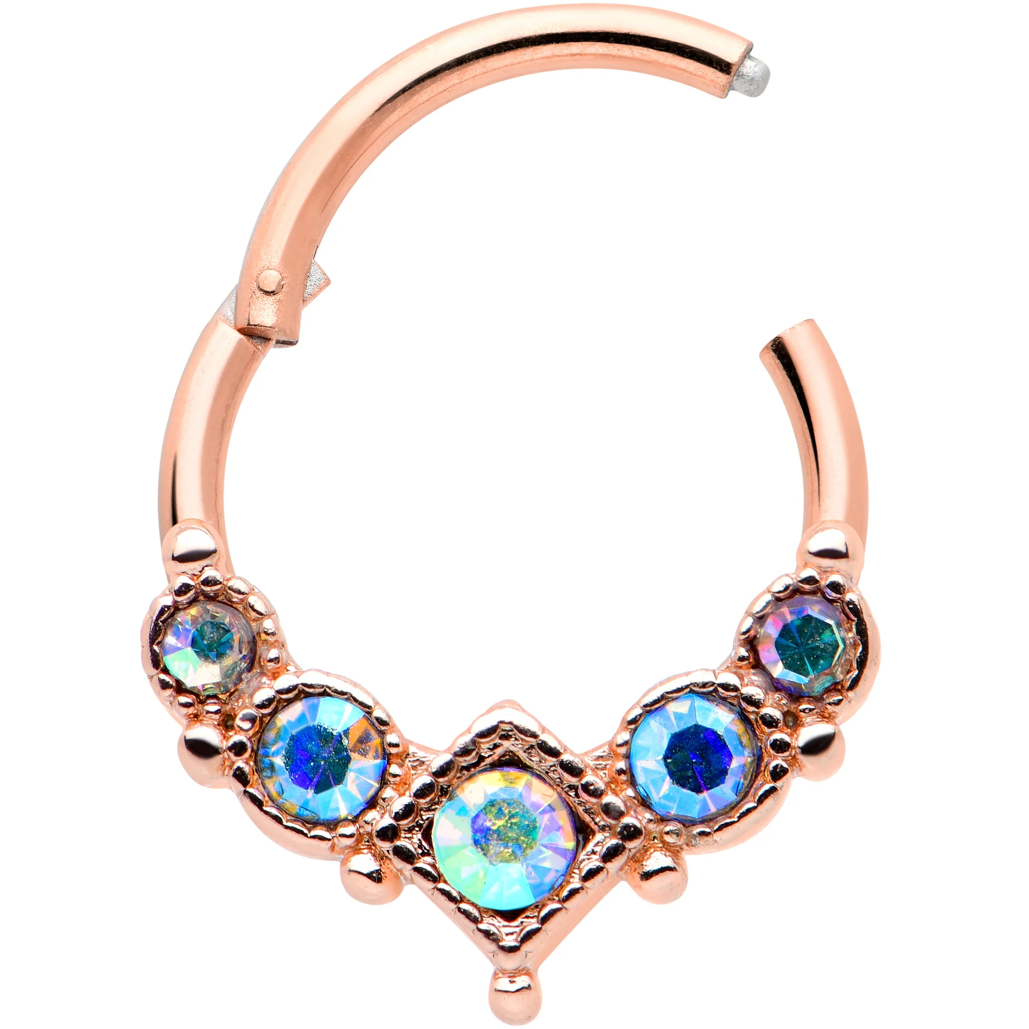 16G 3/8 Aurora Gem Rose Gold Tone Circles Hinged Segment Ring - Image 2
