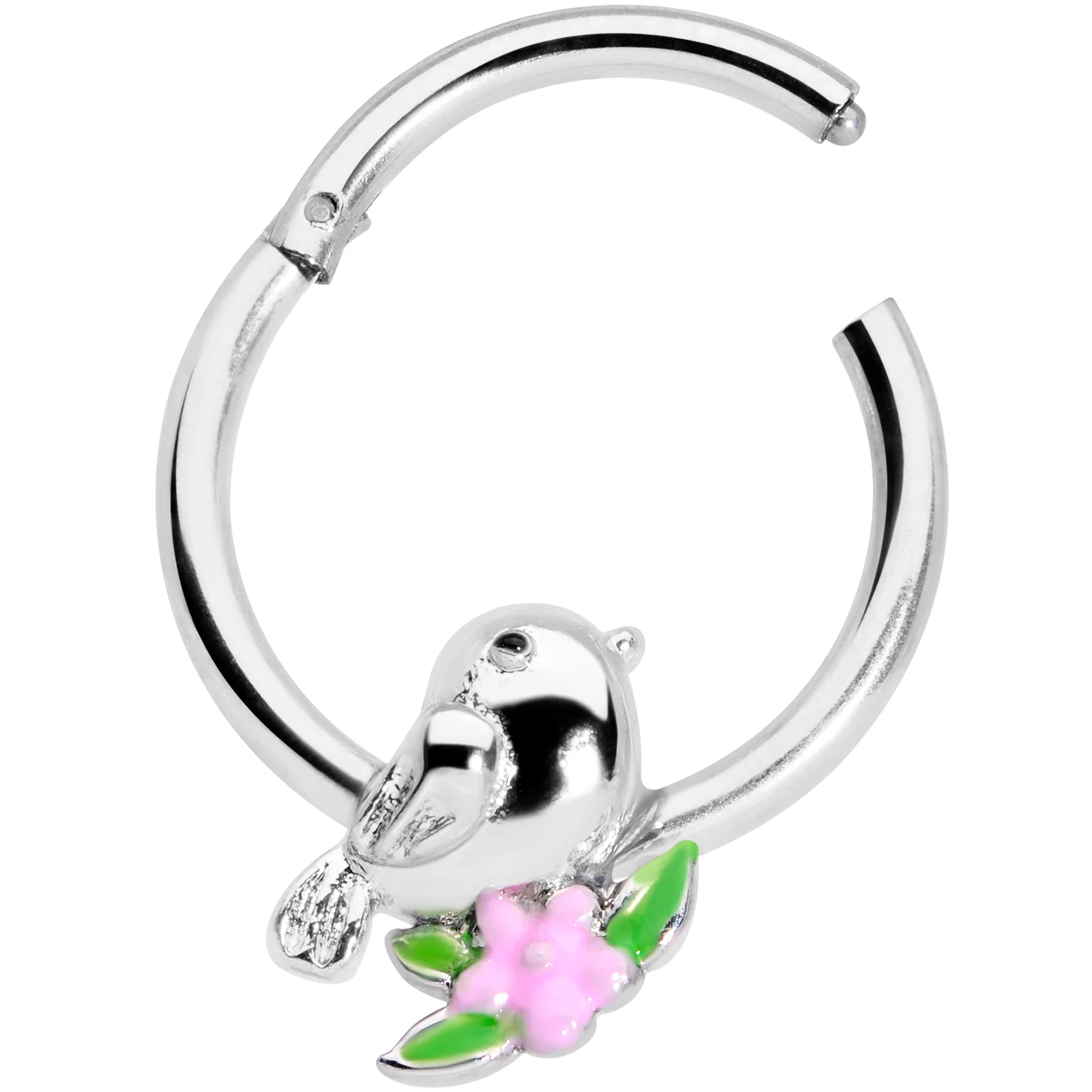 16G 3/8 Bird Pink Flower Hinged Segment Ring - Image 2