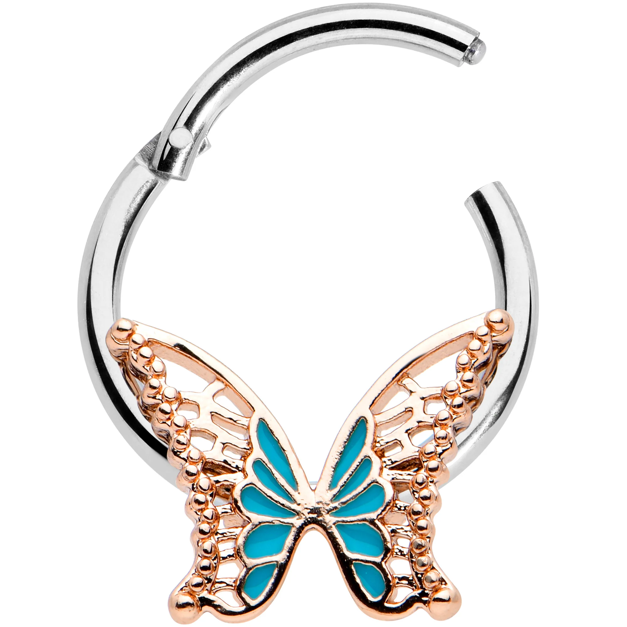 16G 3/8 Bit of Blue Butterfly Hinged Segment Ring - Image 2