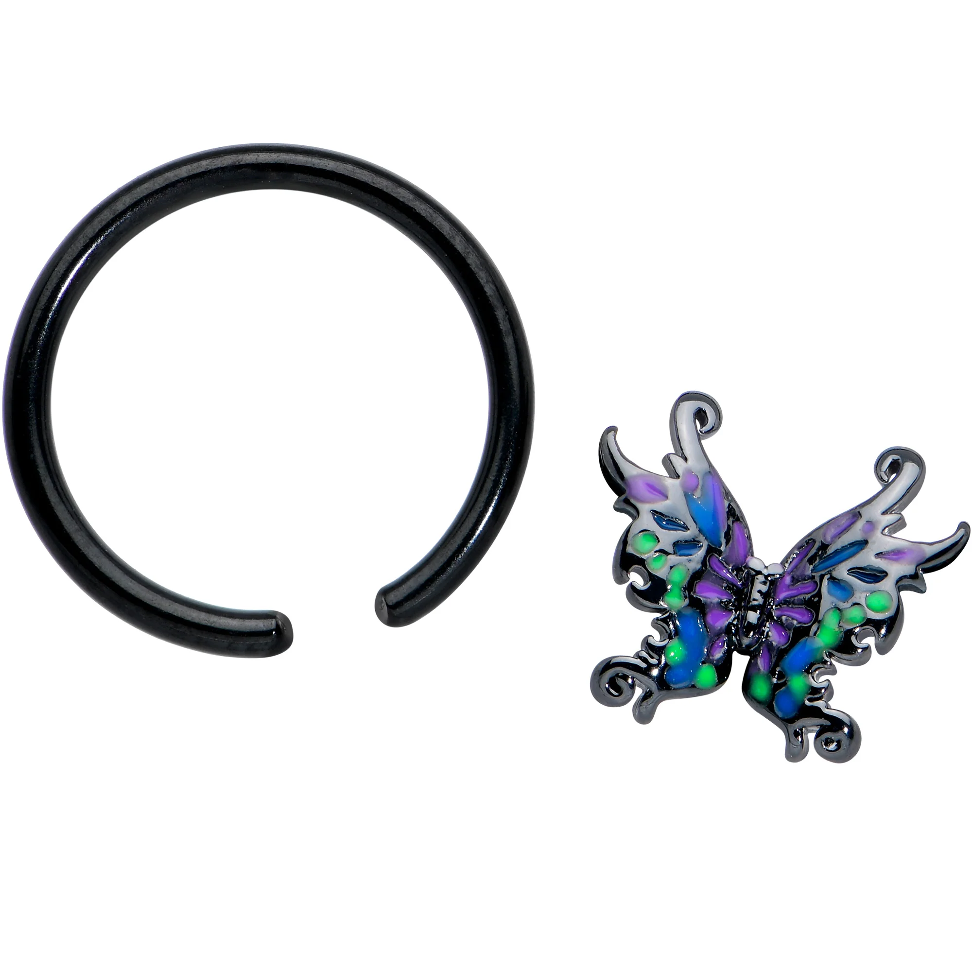 16G 3/8 Black Fantasy Faerie Wings BCR Captive Ring - Image 2
