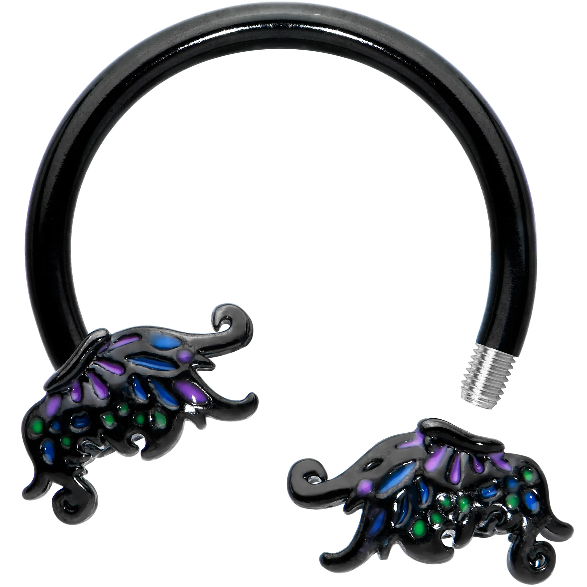 16G 3/8 Black Fantasy Faerie Wings Horseshoe Circular Barbell - Image 2